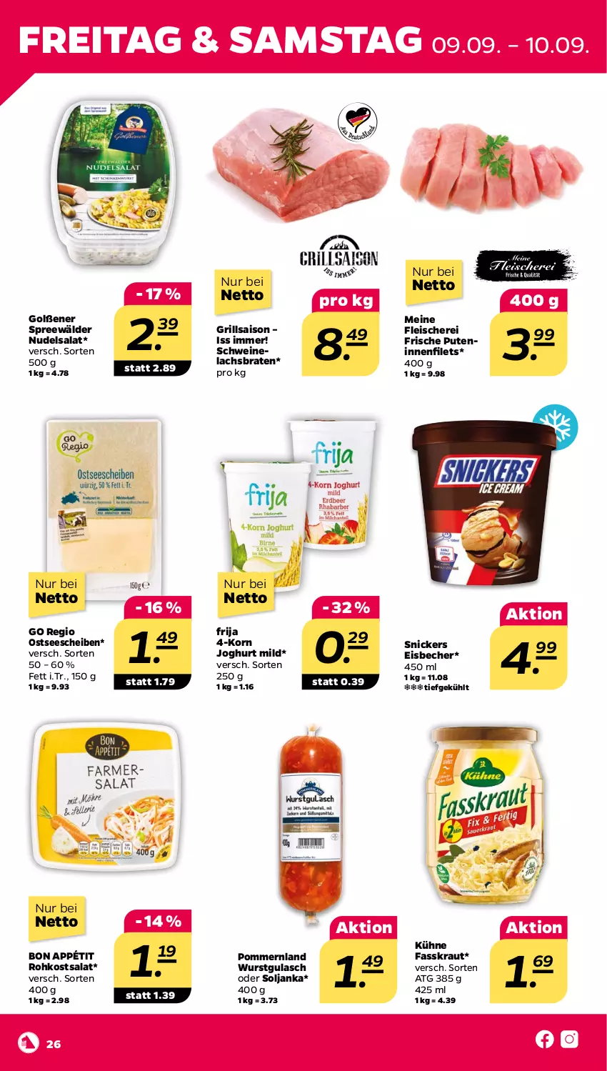 Aktueller Prospekt Netto - Woche 36 - von 05.09 bis 10.09.2022 - strona 26 - produkty: Becher, braten, eis, eisbecher, filet, filets, fleisch, Fleischerei, grill, gulasch, joghur, joghurt, joghurt mild, korn, Kraut, Kühne, lachs, Lachsbraten, nudel, nudelsalat, pute, salat, Schere, schwein, schweine, Schweinelachs, snickers, spreewälder, Ti, wein, weine, wurst