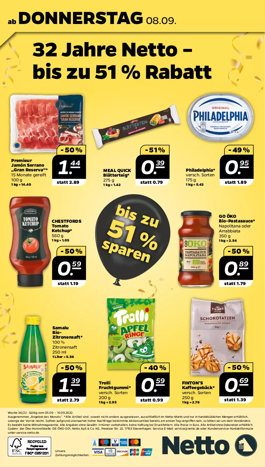 Aktueller Prospekt Netto - Woche 36 - von 05.09 bis 10.09.2022 - strona 28 - produkty: alle artikel ohne dekoration, angebot, arrabbiata, bio, blätterteig, dekoration, eis, elle, frucht, fruchtgummi, jamón serrano, kaffee, ketchup, pasta, philadelphia, reis, saft, sauce, serrano, Ti, tomato ketchup, trolli, trolli fruchtgummi, zitrone, zitronen, zitronensaft