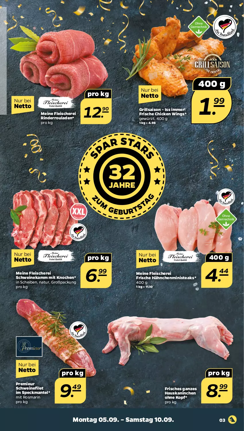 Aktueller Prospekt Netto - Woche 36 - von 05.09 bis 10.09.2022 - strona 3 - produkty: chicken wings, eis, filet, fleisch, Fleischerei, Frische Hähnchen, gewürz, grill, Mantel, natur, rind, rinder, Rinderroulade, rinderrouladen, rosmarin, rouladen, Schere, schwein, schweine, schweinefilet, Speck, steak, steaks, wein, weine