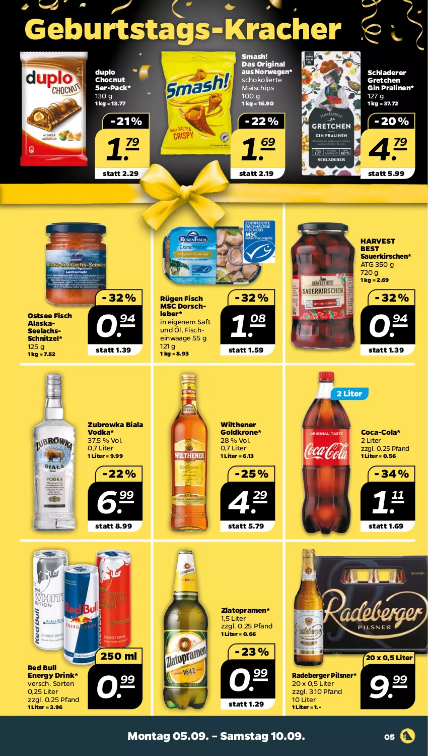 Aktueller Prospekt Netto - Woche 36 - von 05.09 bis 10.09.2022 - strona 5 - produkty: auer, Berger, chips, coca-cola, cola, Dorsch, drink, duplo, energy drink, fisch, fische, gin, goldkrone, kirsch, kirsche, kirschen, kracher, krone, lachs, mais, pils, pilsner, pralinen, radeberger, radeberger pilsner, red bull, rwe, saft, sauerkirschen, Schladerer, schnitzel, schoko, vodka, Waage, wilthener, Wilthener Goldkrone