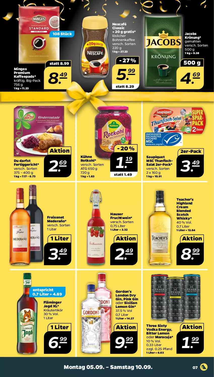 Aktueller Prospekt Netto - Woche 36 - von 05.09 bis 10.09.2022 - strona 7 - produkty: bitter lemon, blended scotch, blended scotch whisky, bohne, bohnen, bohnenkaffee, dry gin, fertiggericht, fisch, freixenet, frucht, gin, gordon, Gordon’s, jacobs, jacobs krönung, kaffee, kaffeepads, kräuter, kräuterlikör, Kühne, likör, london dry, london dry gin, löslicher bohnenkaffee, maracuja, Nescafé, rotkohl, salat, saupiquet, scotch, scotch whisky, Three Sixty, thunfisch, Thunfischsalat, Ti, vodka, wein, whisky