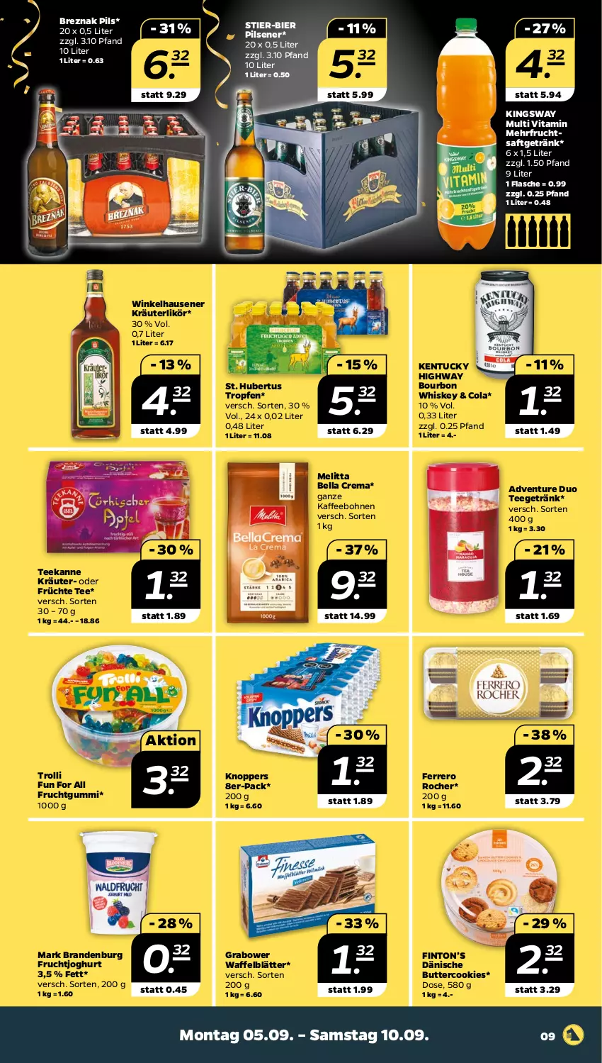 Aktueller Prospekt Netto - Woche 36 - von 05.09 bis 10.09.2022 - strona 9 - produkty: bella crema, bier, bohne, bohnen, bourbon, bourbon whiskey, butter, cola, cookie, cookies, ferrero, Ferrero Rocher, flasche, frucht, früchte, fruchtgummi, fruchtjoghurt, fruchtsaft, fruchtsaftgetränk, getränk, gsw, joghur, joghurt, kaffee, kaffeebohnen, knoppers, kräuter, kräuterlikör, likör, melitta, pils, pilsener, saft, Stier, tee, teekanne, Ti, trolli, tuc, vita, whiskey, winkelhausen