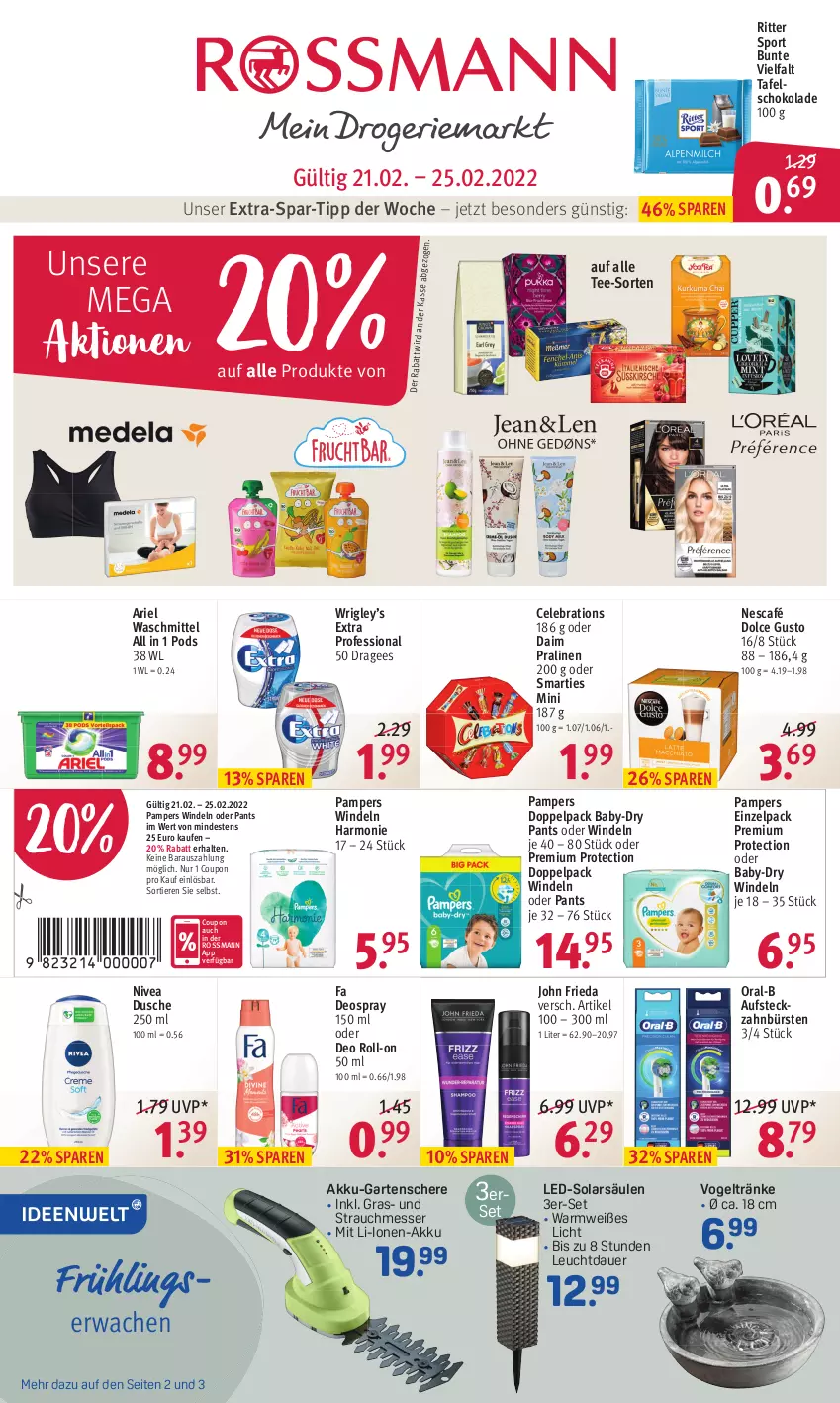 Aktueller Prospekt Rossmann - Prospekte - von 21.02 bis 25.02.2022 - strona 1 - produkty: akku, ariel, ariel waschmittel, auer, baby-dry, bürste, bürsten, coupon, daim, deo, deo roll-on, deospray, deospray 150 ml, dolce gusto, dusche, Garten, Gartenschere, messer, Nescafé, nivea, oder deo roll-on, oral-b, pampers, Pants, Pods, pralinen, Rauch, ritter, ritter sport, roll-on, Schere, schoko, schokolade, smarties, Sport, tafelschokolade, tee, Ti, Tiere, waschmittel, windeln, windeln oder pants, zahnbürste, zahnbürsten