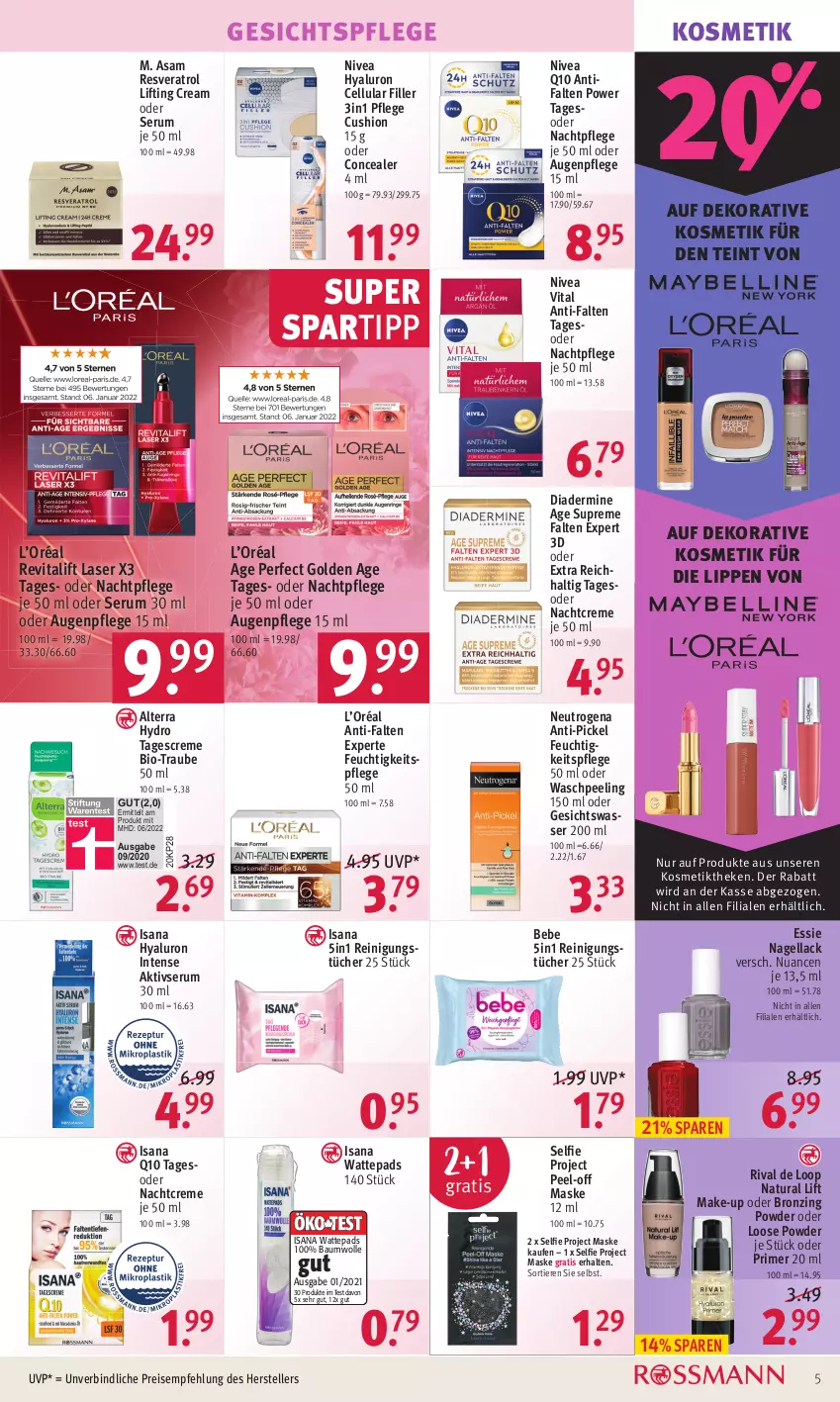 Aktueller Prospekt Rossmann - Prospekte - von 21.02 bis 25.02.2022 - strona 5 - produkty: alterra, anti-falten experte, Augenpflege, Bau, baumwolle, Bebe, bio, cellular filler, creme, Diadermine, eis, elle, feuchtigkeitspflege, gesichtspflege, Gesichtswasser, HP, hyaluron, isana, kosmetik, lack, Loose, Make-up, Maske, nachtcreme, nachtpflege, Nagellack, natur, natura, neutrogena, nivea, Nuance, Peeling, Q10, Reinigung, reinigungstücher, reis, Revital, revitalift, rum, sana, Serum, spartipp, tagescreme, teller, Ti, Tiere, tücher, vita, wasser, wattepads, wolle