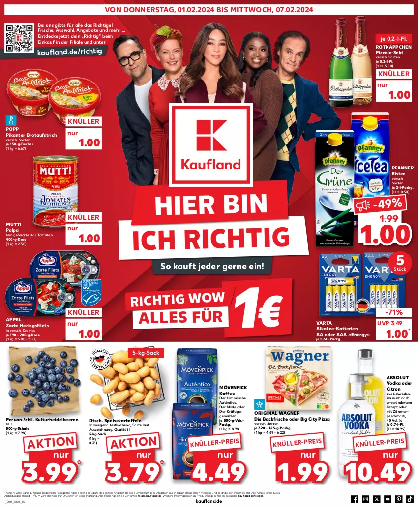 Aktueller Prospekt Kaufland - Prospekt - von 01.02 bis 07.02.2024 - strona 1 - produkty: Absolut Vodka, angebot, angebote, aufstrich, batterie, batterien, Becher, beere, beeren, brot, brotaufstrich, creme, decke, eis, eistee, filet, filets, gin, heidelbeere, heidelbeeren, hering, Herings, heringsfilets, kaffee, kartoffel, kartoffeln, mac, mövenpick, mövenpick kaffee, Mutti, original wagner, pfanne, Pfanner, pizza, Popp, rezept, ring, rotkäppchen, sac, Schal, Schale, sekt, speisekartoffeln, tee, Ti, tomate, tomaten, varta, vodka, wagner, zitrone, zitronen, ZTE