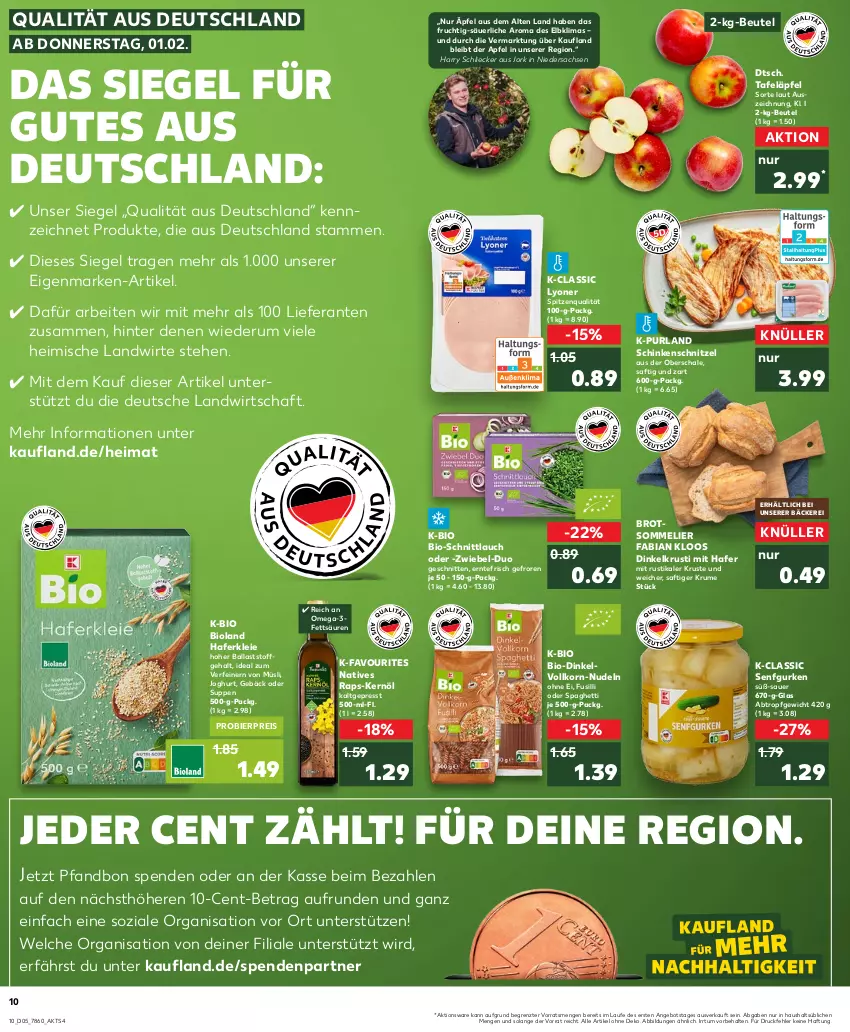 Aktueller Prospekt Kaufland - Prospekt - von 01.02 bis 07.02.2024 - strona 10 - produkty: angebot, apfel, auer, ball, beutel, bier, bio, bioland, brot, eis, frucht, fusilli, gurke, gurken, hafer, joghur, joghurt, korn, lyoner, müsli, nudel, nudeln, omega, Omega-3, purland, reis, rum, sac, saft, Schal, Schale, schinken, schinkenschnitzel, schnitten, schnittlauch, schnitzel, senf, spaghetti, spitzenqualität, suppe, suppen, tafeläpfel, Ti, Yo, ZTE, zwiebel