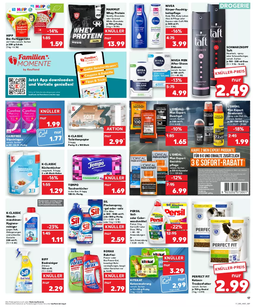 Aktueller Prospekt Kaufland - Prospekt - von 01.02 bis 07.02.2024 - strona 17 - produkty: after shave, aktionspreis, angebot, angebote, arla, Bad, balsam, beutel, biff, bio, body, body lotion, body milk, Brei, carefree, coconut, cola, colorwaschmittel, coupon, coupons, deo, deodorant, duschgel, eis, ente, fertiggericht, feuchtigkeitspflege, gesichtspflege, Haarlack, hipp, katzennahrung, Katzentrockenfutter, kitekat, küche, Küchen, küchentücher, lack, Lotion, mam, nivea, Nivea Men, oder schaumfestiger, papier, Perfect Fit, persil, power-gel, reiniger, reis, roll-on, rorax, salz, Schal, Schale, schaumfestiger, schwarzkop, schwarzkopf, slip, slipeinlagen, sofort-rabatt, Taft, Tasche, taschen, taschentücher, Tempo, Ti, toilettenpapier, topf, trockenfutter, tücher, waschmaschine, waschmaschinen, waschmittel, white chocolate, zitrone