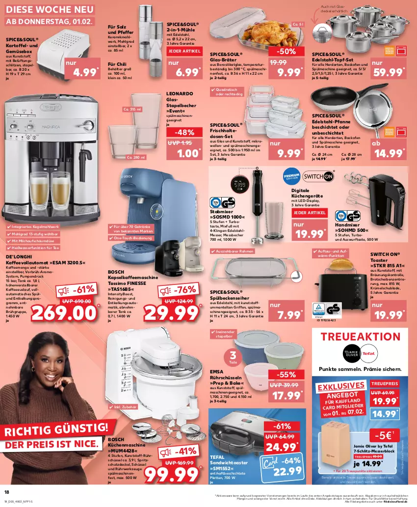 Aktueller Prospekt Kaufland - Prospekt - von 01.02 bis 07.02.2024 - strona 18 - produkty: angebot, angebote, auto, backofen, backofen und, Becher, Behälter, bosch, brot, chili, coupon, coupons, De'Longhi, decke, Deckel, edelstahl, Edelstahl-Pfanne, edelstahlmesser, eis, elle, emsa, erde, finesse, frischhaltedosen, getränk, getränke, Glasdeckel, handmixer, herdarten, kaffee, kaffeemaschine, kaffeevollautomat, kartoffel, küche, Küchen, küchenmaschine, latte, leonardo, LG, Mantel, Messbecher, messer, messerblock, mikrowelle, milch, Mixer, Ofen, olive, pfanne, pfeffer, quad, Reinigung, reis, Rührschüssel, rwe, salz, sandwich, schüssel, sim, Spritzschutz, spülmaschinen, stabmixer, tassimo, tee, tefal, Ti, tisch, toast, toaster, topf, topf-set, und gemüse, wasser, werkzeug, werkzeuge, ZTE