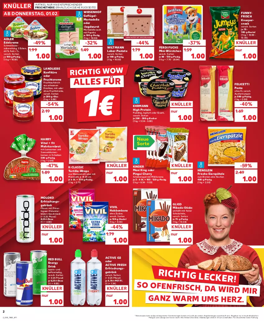 Aktueller Prospekt Kaufland - Prospekt - von 01.02 bis 07.02.2024 - strona 2 - produkty: angebot, aufstrich, Becher, beutel, blume, blumen, Blüte, bonbons, braten, brot, creme, dell, drink, edelcreme, ehrmann, eier, eierspätzle, energy drink, erfrischungsgetränk, ferdi fuchs, frucht, fruchtaufstrich, früchte, früchten, Geflügel, getränk, henglein, holunder, holunderblüte, ingwer, jagdwurst, joghur, joghurt, Käse, Kinder, Kinder Maxi, kinder maxi king, konfitüre, korn, Kornbrot, landliebe, Leber-Pastete, mac, mais, mehl, mikado, milch, Mini-Würstchen, mit paprika, mortadella, Ofen, paprika, pasta, pastete, pingui, pudding, quark, red bull, riegel, Schmelzkäse, schmelzkäsezubereitung, schoko, schokolade, schokoriegel, snack, sonnenblume, sonnenblumen, Sonnenblumenkerne, sonnenblumenkernen, Ti, tortilla, Tortilla-wrap, vita, weizenmehl, wiesenhof, wiltmann, wrap, wraps, wurst, würstchen, ZTE, zucker