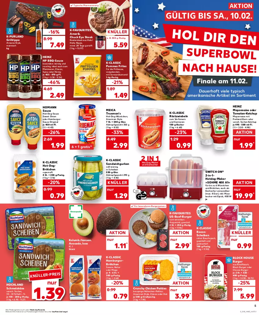 Aktueller Prospekt Kaufland - Prospekt - von 01.02 bis 07.02.2024 - strona 5 - produkty: angebot, angebote, auer, avocado, bacon, Bau, bbq-sauce, Becher, beef, blume, blumen, blumenöl, brötchen, burger, eier, Eierkocher, eis, fleisch, fritteuse, garnier, geback, gewürz, gin, grill, grillrippe, gurke, gurken, hamburger, heinz, hochland, homann, hot dog, HP, Käse, ketchup, Kocher, mayonnaise, meica, Messbecher, natur, nuss, pommes, Pommes Frites, purland, Rauch, rind, rinder, Rindersteak, rindfleisch, röstzwiebeln, rwe, sandwich, sauce, Schmelzkäse, sesam, sonnenblume, sonnenblumen, sonnenblumenöl, Speck, steak, Ti, tomate, tomaten, würstchen, Yo, zwiebel, zwiebeln