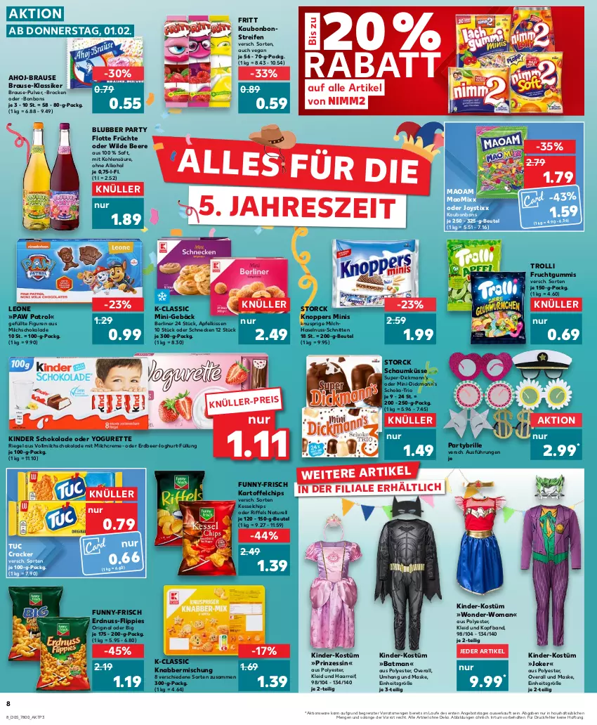 Aktueller Prospekt Kaufland - Prospekt - von 01.02 bis 07.02.2024 - strona 8 - produkty: ahoj-brause, alkohol, angebot, apfel, beere, berliner, beutel, bonbons, brause, Brille, Brock, chips, cracker, creme, Dickmann's, eis, erdnuss, flippies, frucht, früchte, fruchtgummi, fruchtgummis, funny-frisch, gin, haselnuss, joghur, joghurt, kartoffel, kartoffelchips, Kinder, kinder schokolade, kissen, kleid, knoppers, maoam, Maske, milch, natur, nimm2, nuss, oder yogurette, ohne alkohol, Overall, Paw Patrol, reifen, rel, riegel, saft, schnitten, schoko, schokolade, storck, Ti, trolli, trolli fruchtgummi, tuc, vollmilch, Wild, Yo, yogurette, ZTE