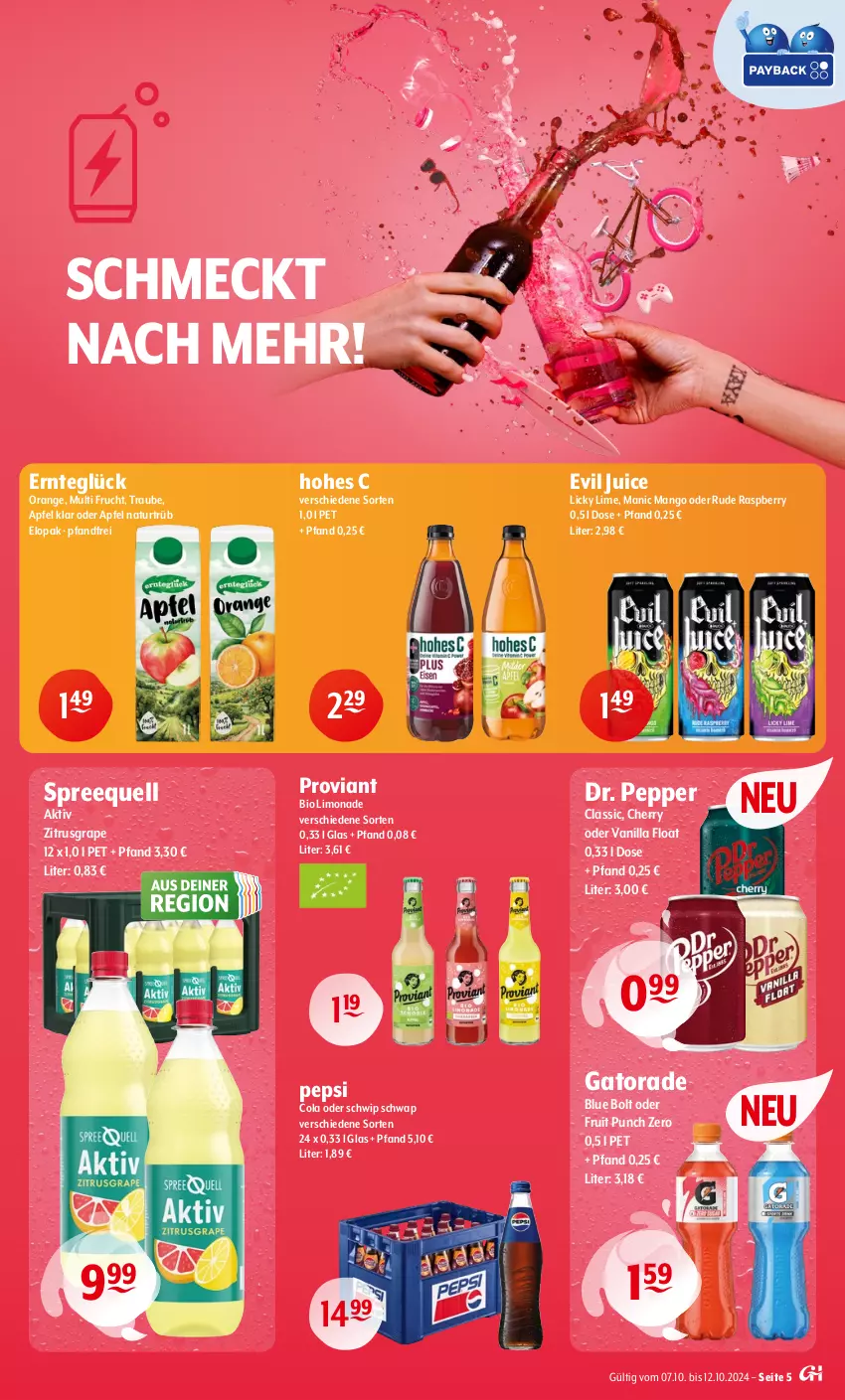 Aktueller Prospekt Getraenke Hoffmann - Prospekte - von 07.10 bis 12.10.2024 - strona 5 - produkty: apfel, bio, bio limo, cola, frucht, Hohes C, limo, limonade, mango, natur, orange, pepsi, Pepsi Cola, Proviant, raspberry, Schwip Schwap, Spreequell, Ti