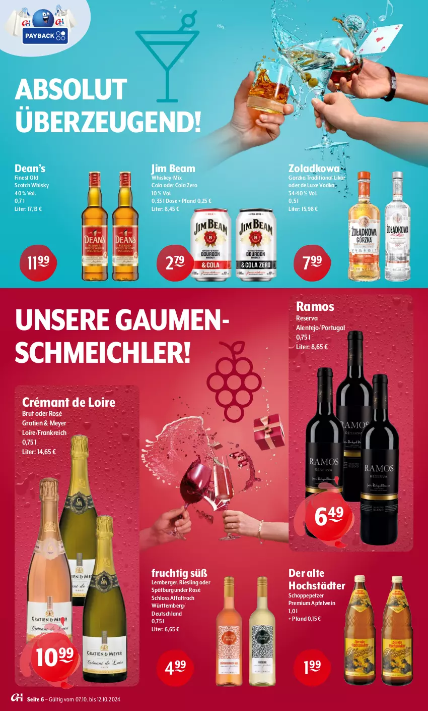 Aktueller Prospekt Getraenke Hoffmann - Prospekte - von 07.10 bis 12.10.2024 - strona 6 - produkty: apfel, apfelwein, Berger, brut, burgunder, cola, crémant de loire, ente, frucht, jim beam, likör, riesling, scotch, scotch whisky, spätburgunder, Ti, vodka, wein, whiskey, whisky