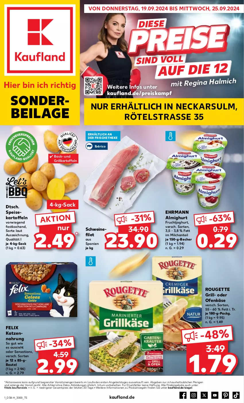 Aktueller Prospekt Kaufland - Extra-Angebote - von 19.09 bis 25.09.2024 - strona 1 - produkty: almighur, almighurt, angebot, angebote, Becher, beutel, ehrmann, ehrmann almighurt, eis, felix, filet, frucht, fruchtjoghurt, gin, grill, ilag, joghur, joghurt, kartoffel, kartoffeln, Käse, katzennahrung, milch, Ofen, Ofenkäse, reis, rouge, rougette, sac, schwein, schweine, schweinefilet, sensations, speisekartoffeln, Ti, wein, weine, ZTE