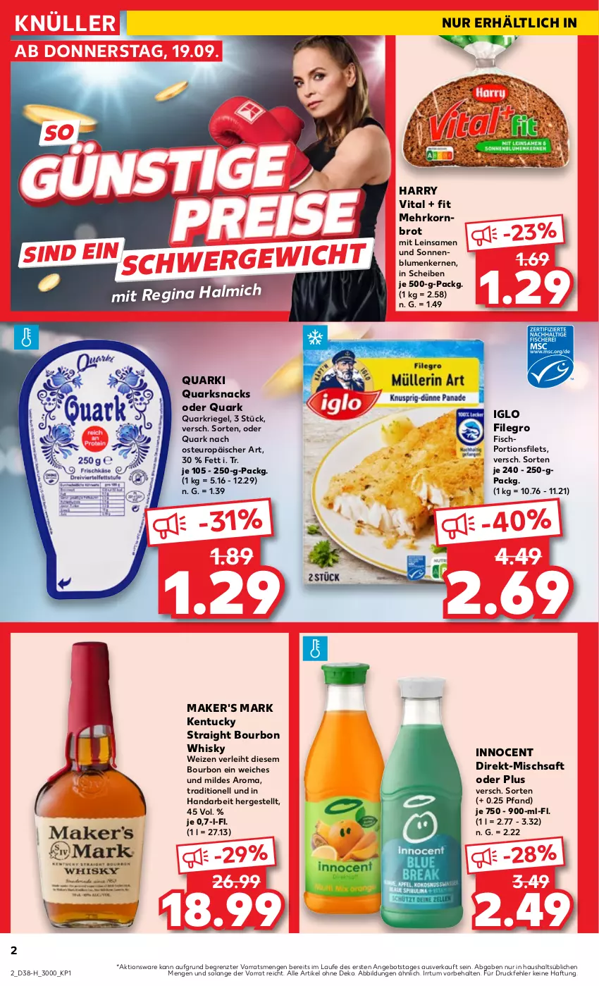 Aktueller Prospekt Kaufland - Extra-Angebote - von 19.09 bis 25.09.2024 - strona 2 - produkty: angebot, blume, blumen, bourbon, brot, filegro, filet, filets, fisch, gin, HP, iglo, Innocent, kentucky straight, korn, Kornbrot, quark, Quarki, Quarkriegel, riegel, saft, snack, snacks, sonnenblume, sonnenblumen, Sonnenblumenkerne, sonnenblumenkernen, Ti, tuc, vita, whisky, ZTE