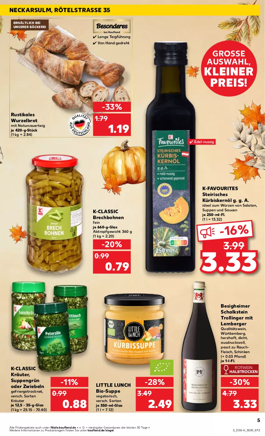 Aktueller Prospekt Kaufland - Extra-Angebote - von 19.09 bis 25.09.2024 - strona 5 - produkty: angebot, angebote, auer, Berger, bio, bohne, bohnen, brot, eimer, eis, fleisch, kräuter, Kürbis, Kürbiskernöl, leine, natur, nuss, qualitätswein, Rauch, reis, rotwein, salat, salate, sauce, saucen, Schal, schinken, suppe, suppen, Ti, trolli, trollinger, Vegeta, wein, ZTE, zwiebel, zwiebeln