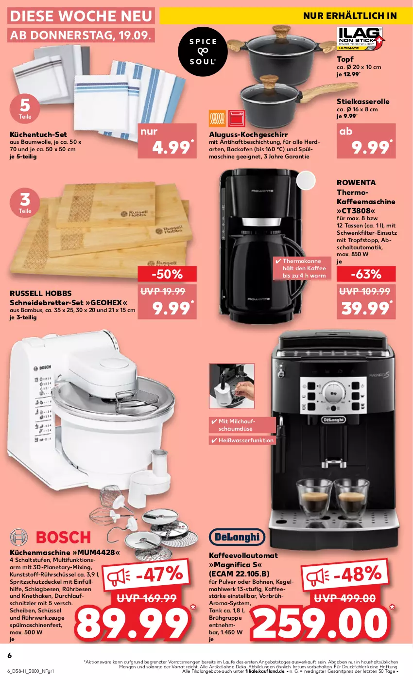 Aktueller Prospekt Kaufland - Extra-Angebote - von 19.09 bis 25.09.2024 - strona 6 - produkty: angebot, angebote, auto, backofen, bambus, Bau, baumwolle, bohne, bohnen, decke, Deckel, eis, geschirr, herdarten, kaffee, kaffeemaschine, kaffeevollautomat, küche, Küchen, küchenmaschine, milch, Ofen, reis, rowenta, Rührschüssel, russell hobbs, rwe, Schal, schneidebrett, schüssel, Spritzschutz, spülmaschinen, stielkasserolle, tasse, Ti, topf, tuc, wasser, werkzeug, werkzeuge, wolle, ZTE