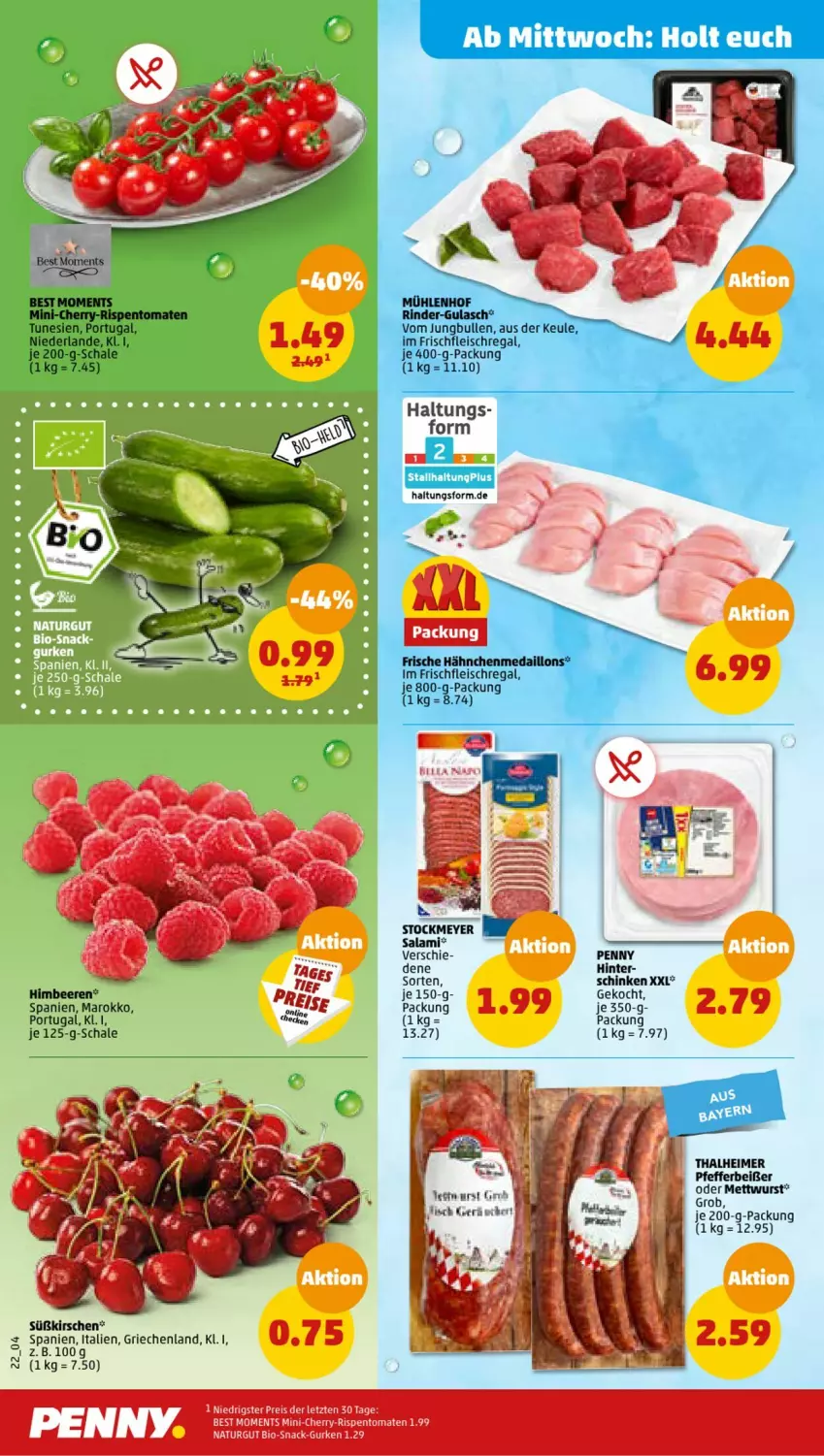 Aktueller Prospekt Penny - Prospekte - von 05.06 bis 10.06.2023 - strona 24 - produkty: beere, beeren, bio, eimer, eis, fleisch, Frische Hähnchen, gulasch, gurke, gurken, himbeer, himbeere, himbeeren, jungbullen, kirsch, kirsche, kirschen, medaillons, Mett, mettwurst, natur, pfeffer, Pfefferbeißer, regal, reis, rind, rinder, rispentomaten, salami, Schal, Schale, schinken, snack, stockmeyer, tomate, tomaten, wurst, ZTE