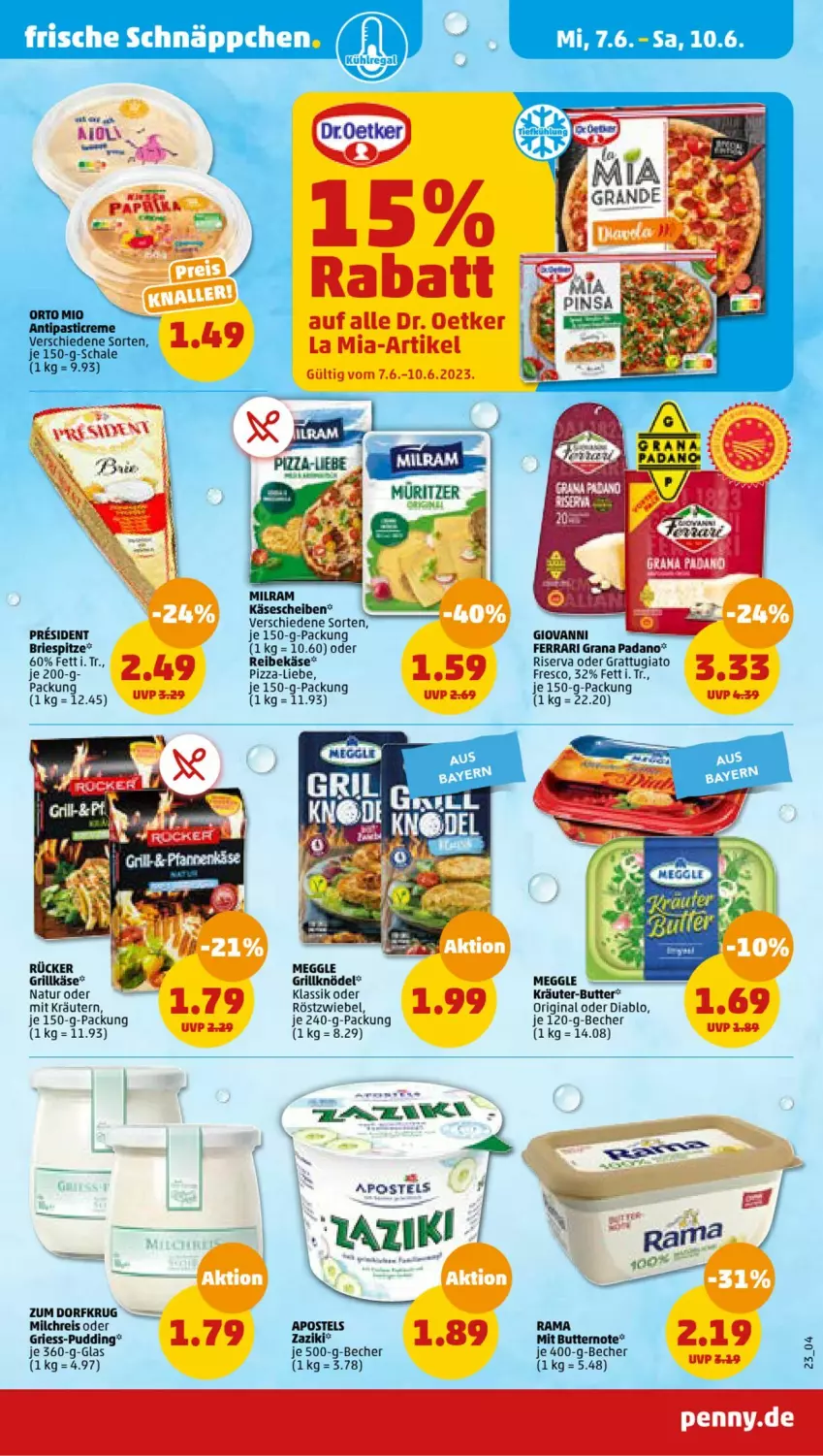 Aktueller Prospekt Penny - Prospekte - von 05.06 bis 10.06.2023 - strona 25 - produkty: Becher, Dr. Oetker, Käse, Knödel, kräuter, meggle, natur, oder kräuter, padano, pizza, Reibekäse, riserva, Ti, Zum Dorfkrug