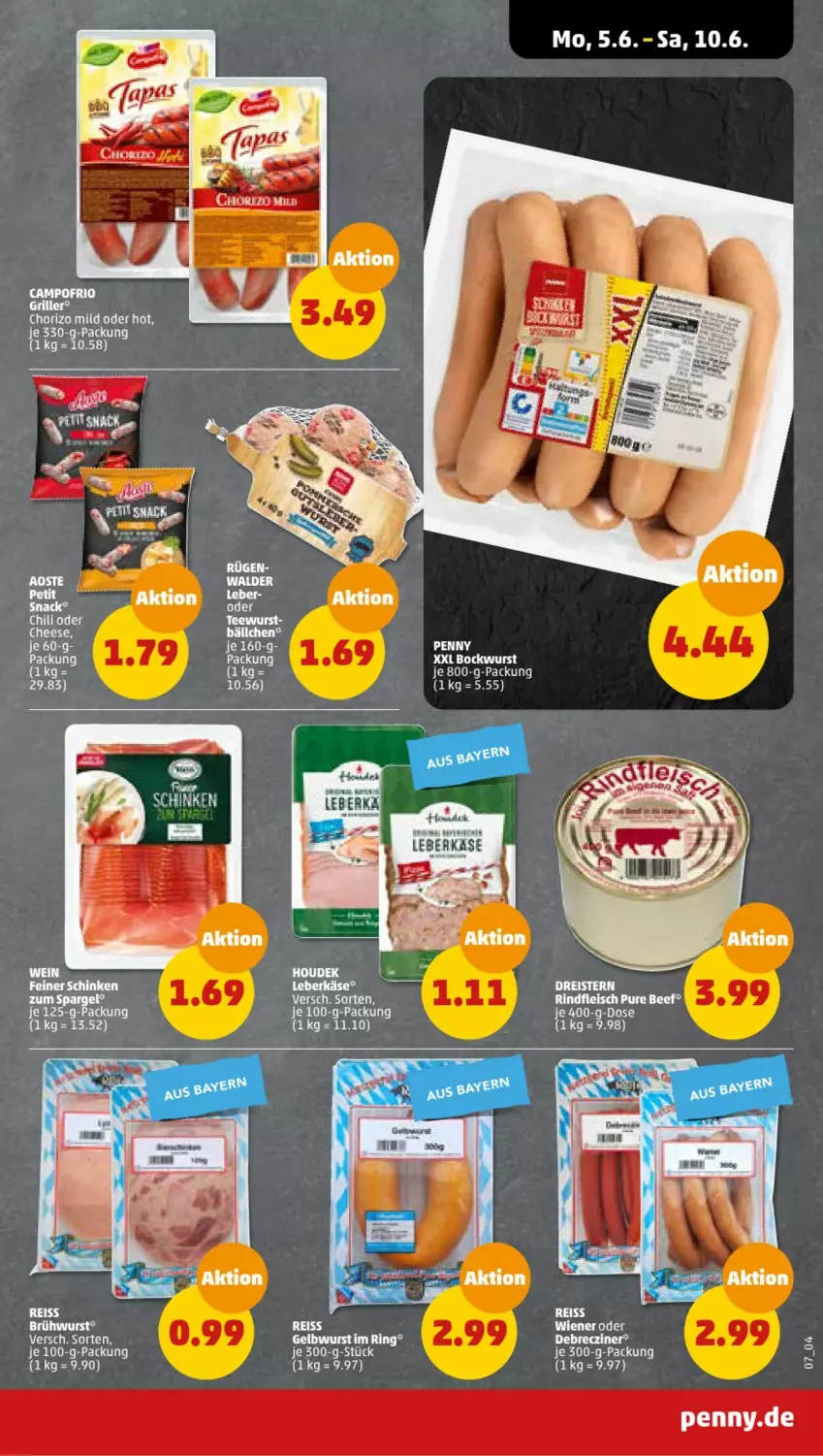 Aktueller Prospekt Penny - Prospekte - von 05.06 bis 10.06.2023 - strona 7 - produkty: beef, bockwurst, Brühwurst, campofrio, chili, chorizo, dreistern, eis, fleisch, grill, reis, reiss, rind, rindfleisch, ring, schinken, tee, teewurst, Ti, wein, wiener, wurst