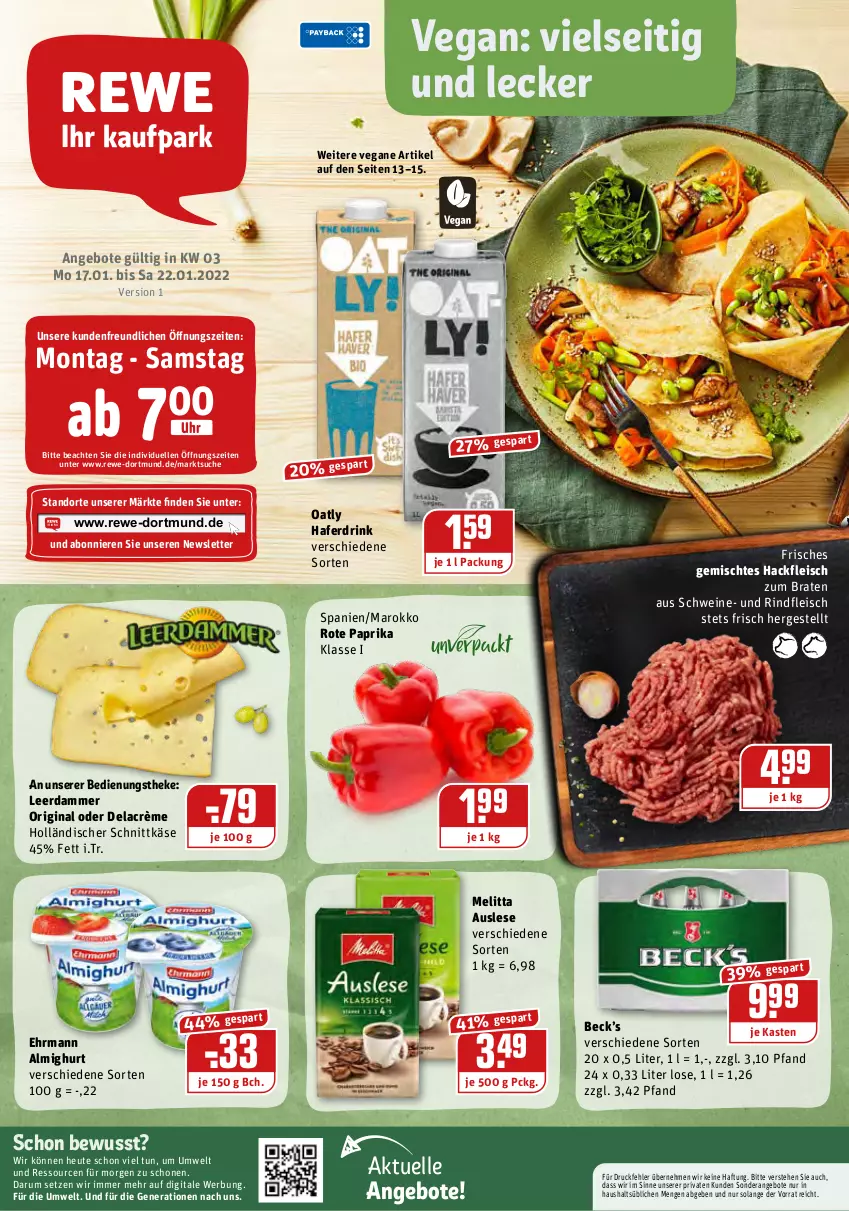 Aktueller Prospekt Rewe - REWE Ihr Kaufpark - von 17.01 bis 22.01.2022 - strona 1 - produkty: almighur, almighurt, angebot, angebote, braten, drink, ehrmann, ehrmann almighurt, eis, elle, fleisch, gin, hackfleisch, hafer, Haferdrink, Heu, holländischer schnittkäse, Käse, leerdammer, melitta, paprika, rind, rindfleisch, rum, schnittkäse, schwein, schweine, Ti, uhr, wein, weine