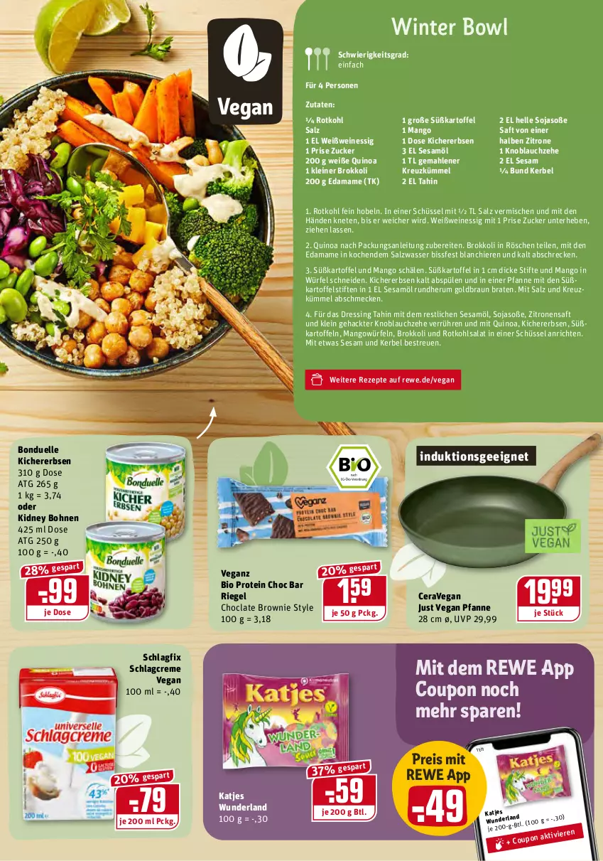 Aktueller Prospekt Rewe - REWE Ihr Kaufpark - von 17.01 bis 22.01.2022 - strona 15 - produkty: Anrichte, bio, bohne, bohnen, bonduelle, braten, braun, brokkoli, brownie, coupon, creme, dressing, eis, elle, erbsen, essig, kartoffel, kartoffeln, katjes, kichererbsen, kidney, kidney bohnen, knoblauch, leine, mam, mango, pfanne, quinoa, reis, rezept, rezepte, riegel, rotkohl, rum, saft, salat, salz, schüssel, sesam, Sesamöl, soja, Soße, Spülen, stifte, Süßkartoffeln, Ti, wasser, wein, weine, Weißwein, würfel, zitrone, zitronen, zitronensaft, zucker