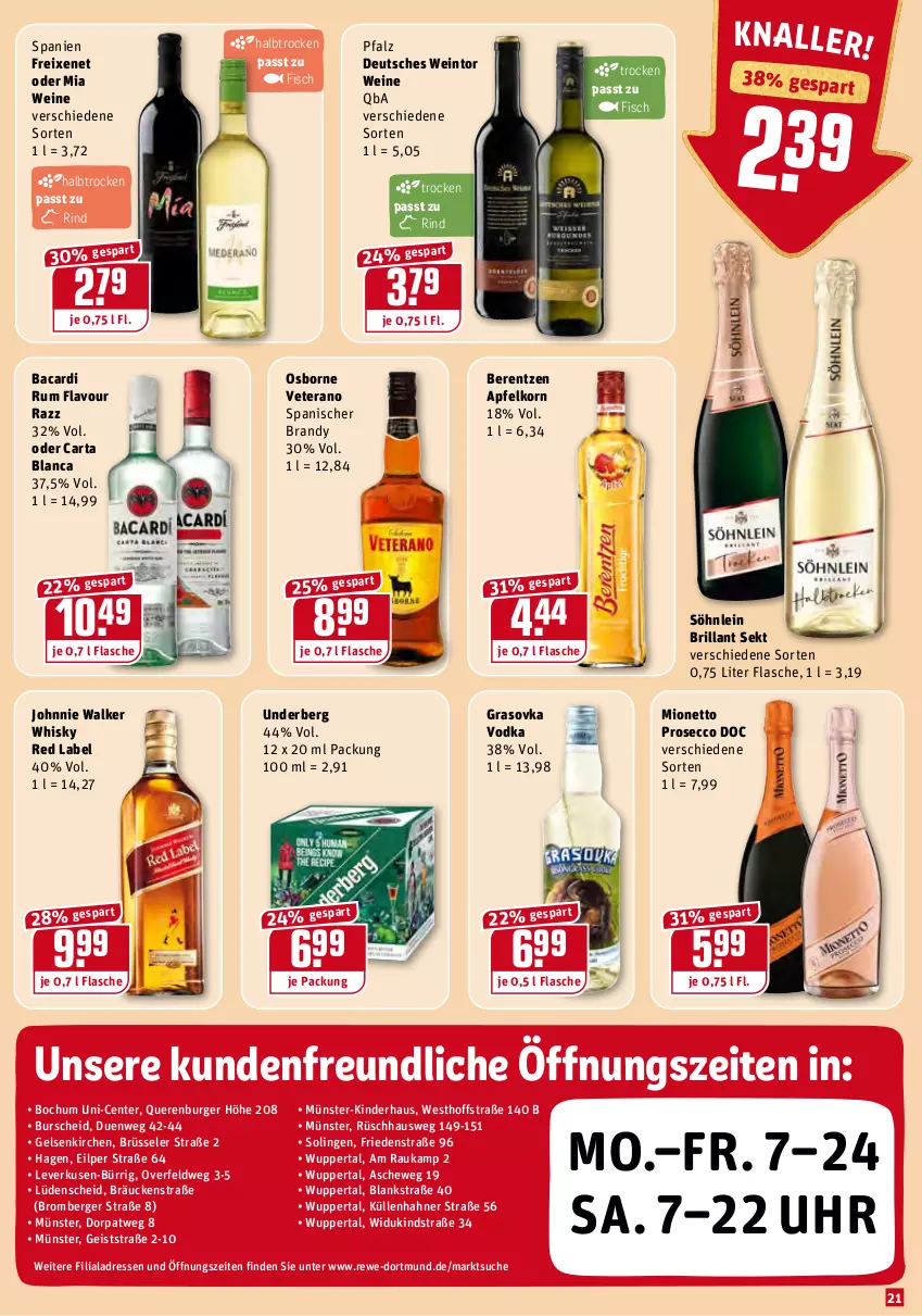 Aktueller Prospekt Rewe - REWE Ihr Kaufpark - von 17.01 bis 22.01.2022 - strona 21 - produkty: apfel, bacardi, bacardi rum, berentzen, Berger, brillant sekt, burger, ecco, eis, ente, fisch, flasche, freixenet, johnnie walker, Kinder, korn, mionetto, osborne, prosecco, rind, rum, sekt, söhnlein, söhnlein brillant, uhr, underberg, veterano, vodka, wein, weine, whisky