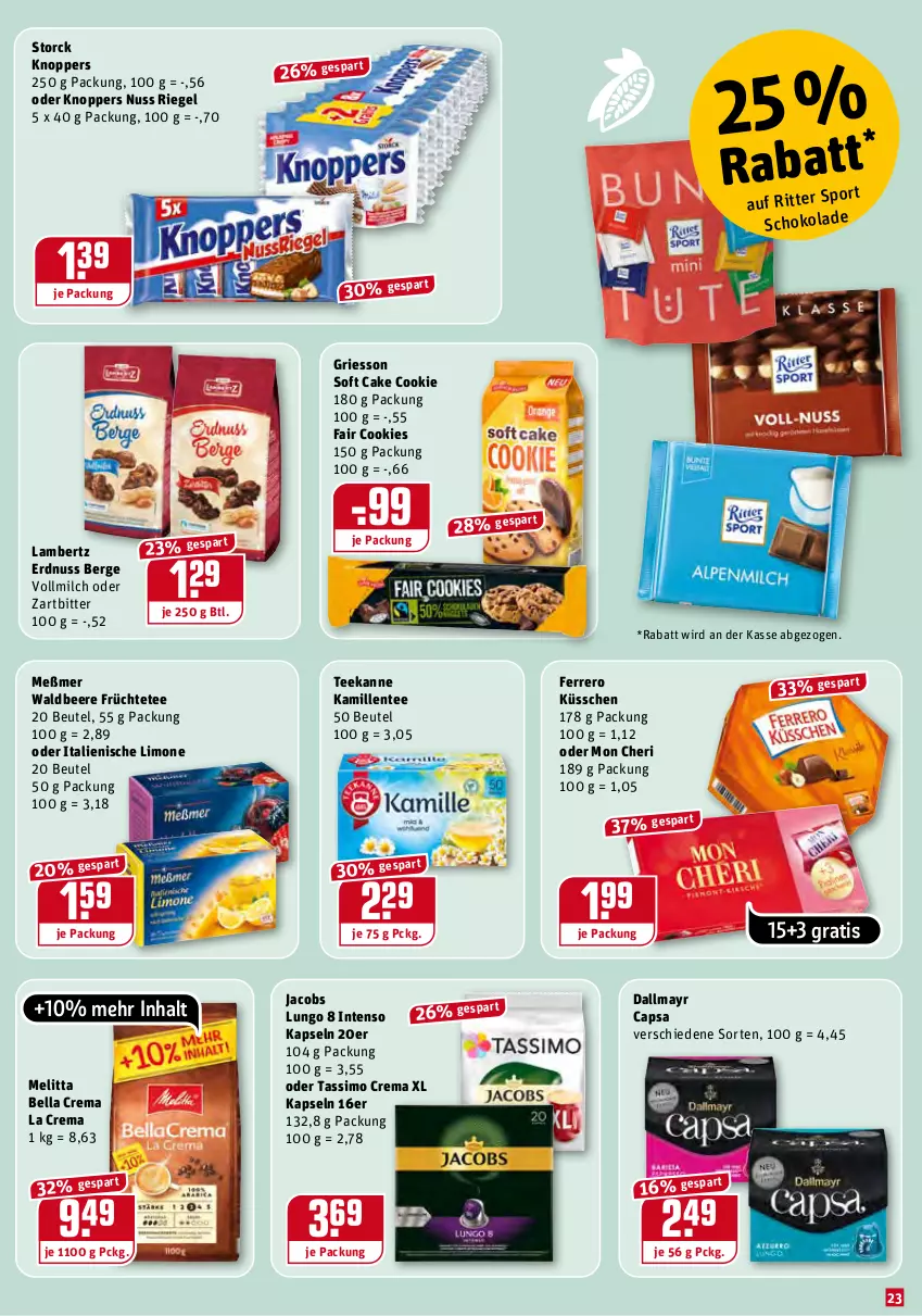 Aktueller Prospekt Rewe - REWE Ihr Kaufpark - von 17.01 bis 22.01.2022 - strona 23 - produkty: Amber, beere, bella crema, beutel, Cap, cookie, cookies, dallmayr, dallmayr capsa, ente, erdnuss, ferrero, Ferrero Küsschen, früchte, Früchtetee, griesson, intenso, jacobs, Kamill, kamille, knoppers, lambertz, limo, lungo, melitta, Meßmer, milch, nuss, riegel, ritter, schoko, sim, Sport, storck, tassimo, tee, teekanne, Ti, vollmilch