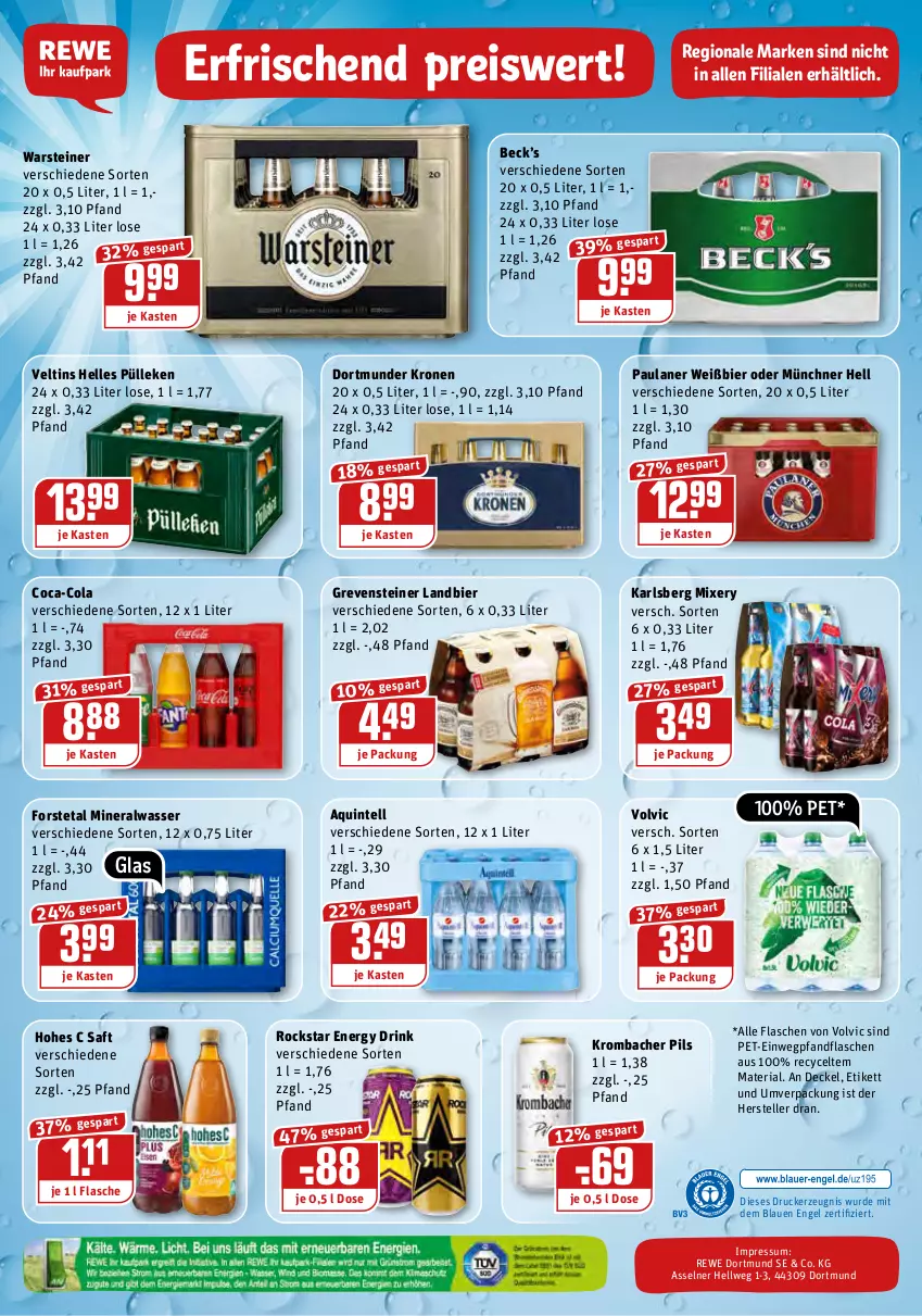 Aktueller Prospekt Rewe - REWE Ihr Kaufpark - von 17.01 bis 22.01.2022 - strona 24 - produkty: Alwa, bier, coca-cola, cola, decke, Deckel, drink, drucker, eis, elle, energy drink, Engel, flasche, Forstetal, grevensteiner, Hohes C, Intel, karlsberg, karlsberg mixery, kerze, krombache, krombacher, krombacher pils, krone, mineralwasser, Mixer, mixery, Paula, paulaner, pils, reis, Ria, Rockstar, saft, steiner, teller, Ti, veltins, volvic, warsteiner, wasser