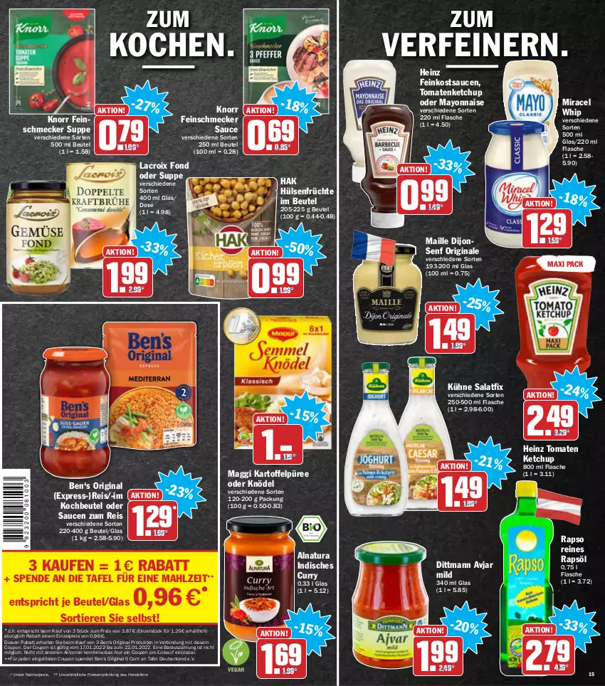 Aktueller Prospekt Aez - Prospekte - von 17.01 bis 22.01.2022 - strona 15 - produkty: Ben’s Original, beutel, coupon, curry, dittmann, eis, elle, feinkost, feinschmecker, flasche, früchte, gin, heinz, hülsenfrüchte, kartoffel, Kartoffelpüree, ketchup, Knödel, knorr, kochbeutel, Kühne, maggi, maille, mayonnaise, miracel, miracel whip, natur, natura, püree, rapso, rapsöl, reines rapsöl, reis, salat, sauce, saucen, senf, suppe, teller, Ti, Tiere, tomate, tomaten, tomaten ketchup, tomatenketchup, Yo