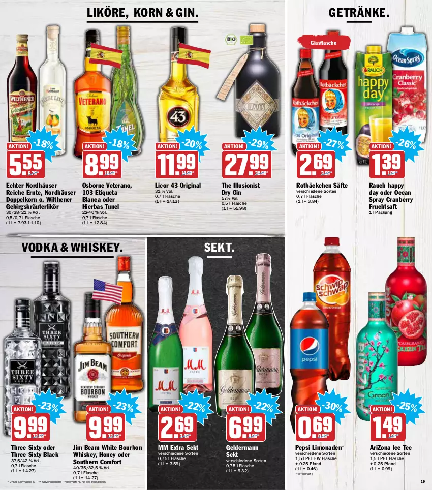 Aktueller Prospekt Aez - Prospekte - von 17.01 bis 22.01.2022 - strona 19 - produkty: bourbon, bourbon whiskey, cranberry, doppelkorn, dry gin, eis, elle, Etiqueta Blanca, flasche, frucht, fruchtsaft, geldermann, getränk, getränke, gin, glasflasche, Happy Day, jim beam, korn, kräuter, kräuterlikör, lack, licor, licor 43, likör, limo, limonade, limonaden, mm extra, osborne, pepsi, Rauch, reis, saft, säfte, sekt, Southern Comfort, tee, teller, Three Sixty, Ti, veterano, vodka, whiskey, wilthener