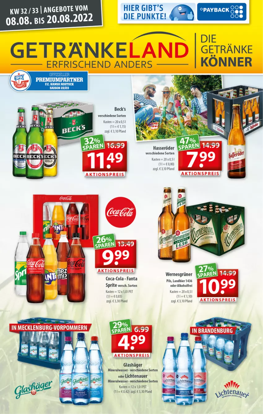 Aktueller Prospekt Getraenkeland - von 08.08 bis 20.08.2022 - strona 1 - produkty: alkohol, Alwa, angebot, angebote, auer, Bau, bier, coca-cola, cola, elle, ente, fanta, getränk, getränke, hasseröder, lichtenauer, mineralwasser, pils, sprite, wasser