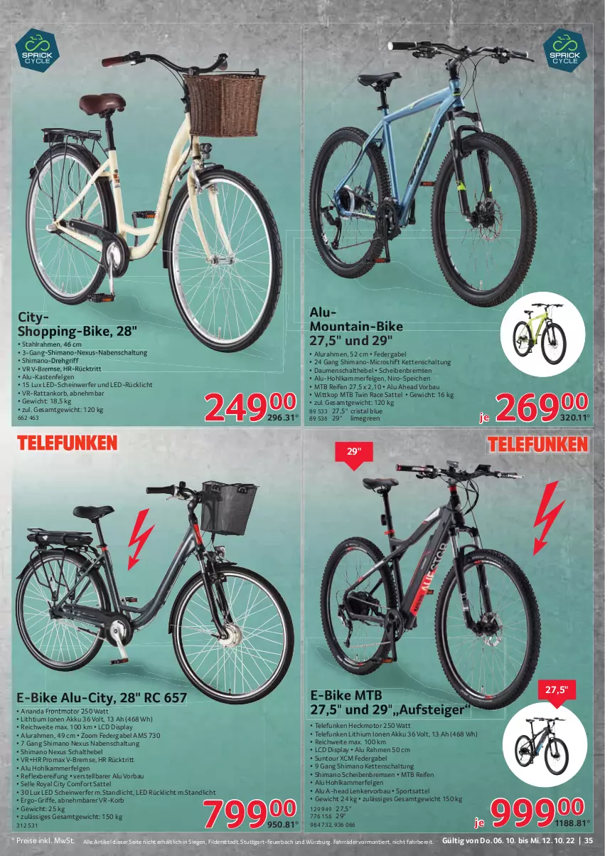 Aktueller Prospekt Selgros - Nonfood - von 06.10 bis 12.10.2022 - strona 35 - produkty: akku, Bau, E-Bike, eis, elle, felgen, gabel, Kette, korb, LG, nexus, promax, reifen, reis, rücklicht, sattel, Schal, shimano, Sport, telefunken, Ti