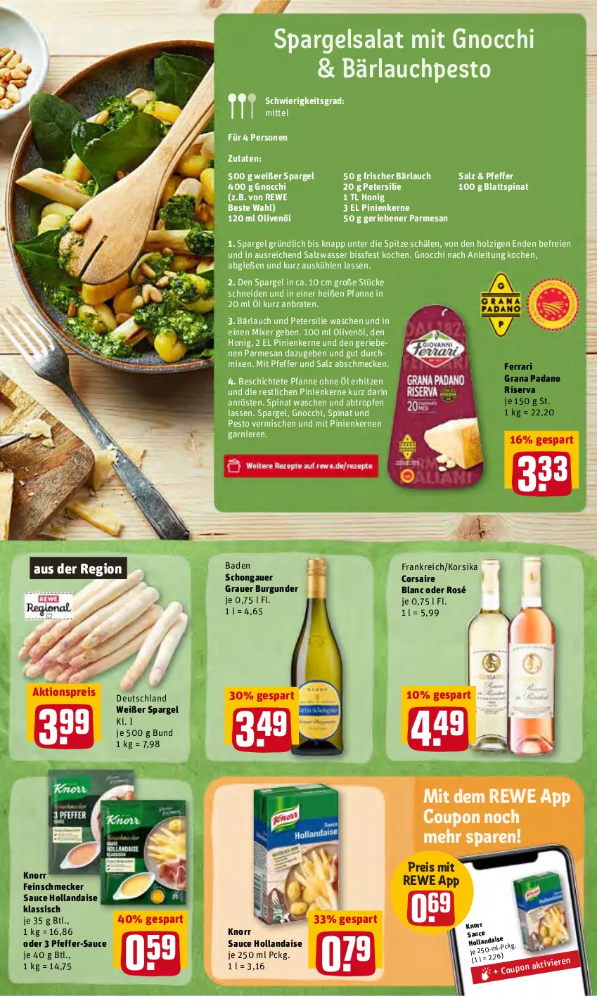 Aktueller Prospekt Rewe - Prospekte - von 09.05 bis 14.05.2022 - strona 13 - produkty: aktionspreis, auer, Bad, blattspinat, braten, burgunder, Corsaire, coupon, eis, feinschmecker, garnier, gnocchi, grana, grana padano, grauer burgunder, hollandaise, Holz, honig, HP, knorr, Mixer, olive, oliven, olivenöl, padano, pesto, petersilie, pfanne, pfeffer, pinienkerne, Rana, reis, rewe beste wahl, riserva, salat, salz, sauce, sauce hollandaise, spargel, spargel grün, spinat, Ti, wasser