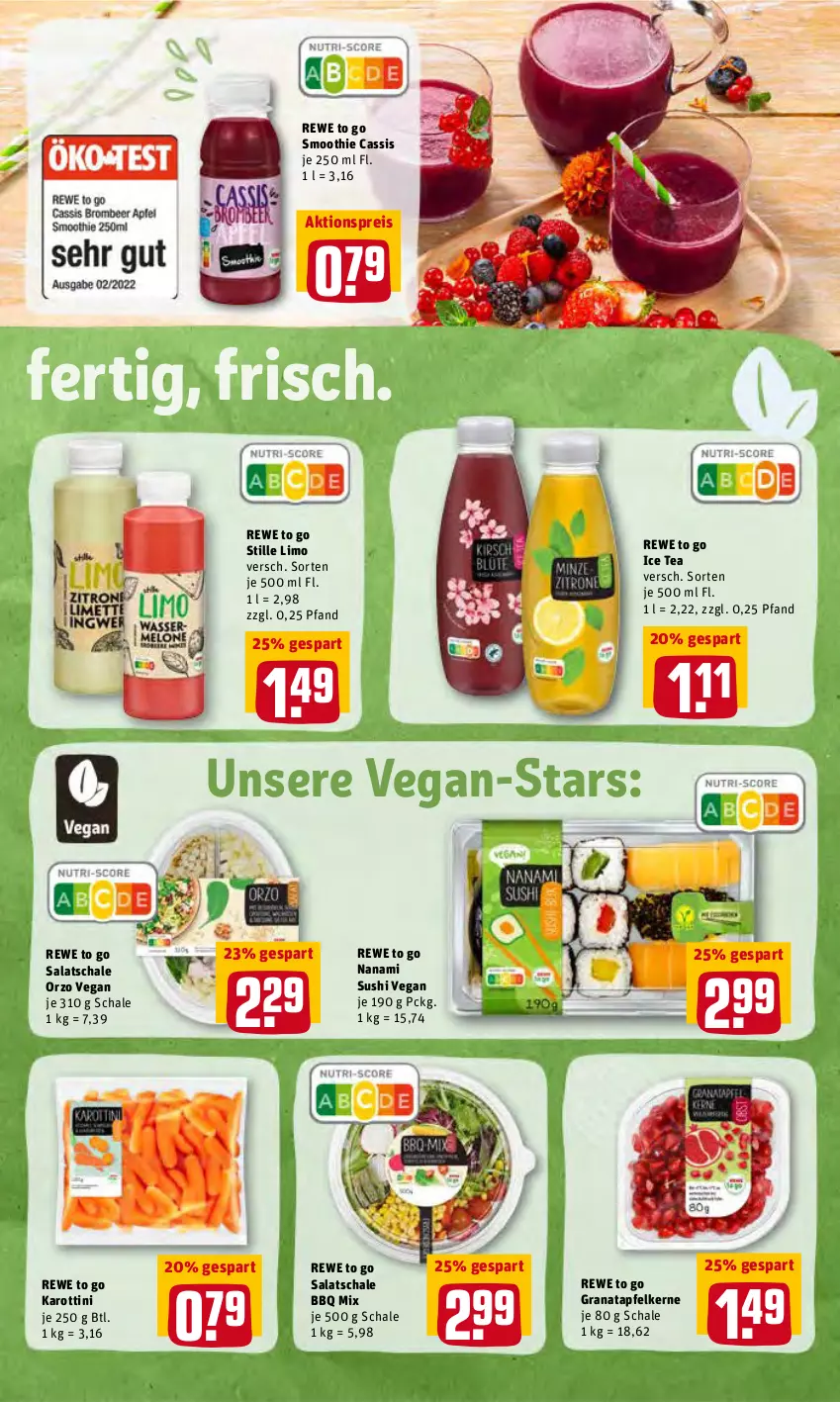 Aktueller Prospekt Rewe - Prospekte - von 09.05 bis 14.05.2022 - strona 15 - produkty: aktionspreis, apfel, cassis, eis, grana, granatapfel, granatapfelkerne, ice tea, limo, Rana, reis, salat, Schal, Schale, smoothie, Sushi, Ti