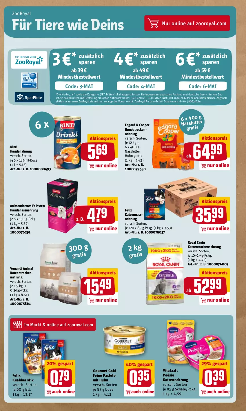 Aktueller Prospekt Rewe - Prospekte - von 09.05 bis 14.05.2022 - strona 19 - produkty: aktionspreis, angebot, angebote, eis, felix, gourmet gold, gutschein, gutscheine, hundenahrung, Hundetrockennahrung, katzennahrung, kraft, nassfutter, Nassnahrung, pastete, reis, rinti, Schal, Schale, Ti, Tiere, Trockennahrung, vita, vitakraft