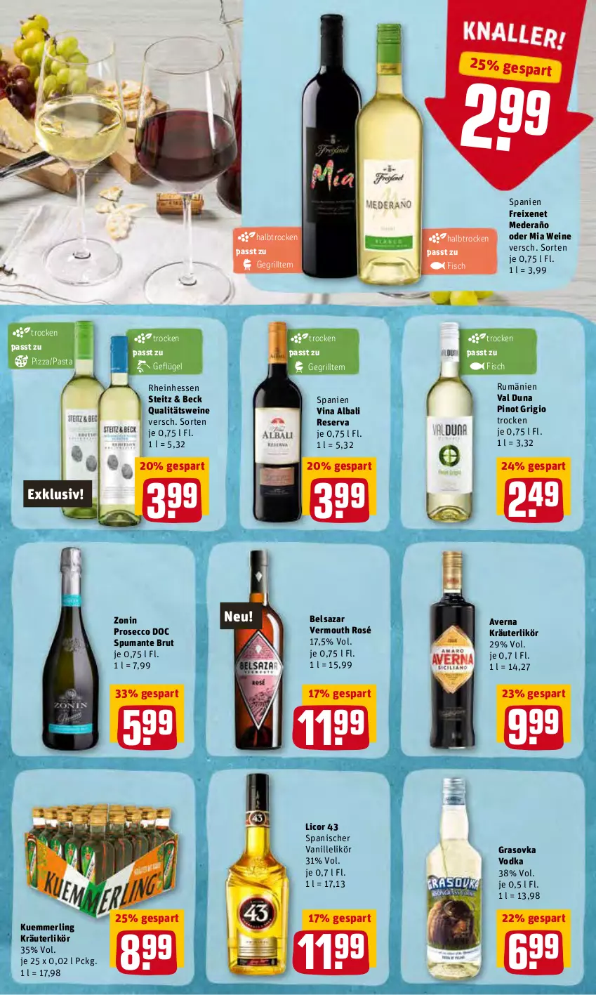 Aktueller Prospekt Rewe - Prospekte - von 09.05 bis 14.05.2022 - strona 21 - produkty: averna, Belsazar, brut, ecco, fisch, freixenet, Geflügel, grill, kräuter, kräuterlikör, kuemmerling, licor, licor 43, likör, merl, pasta, Pinot, pinot grigio, pizza, prosecco, puma, qualitätswein, qualitätsweine, rum, spumante, vanille, Vermouth, vodka, wein, weine, zonin