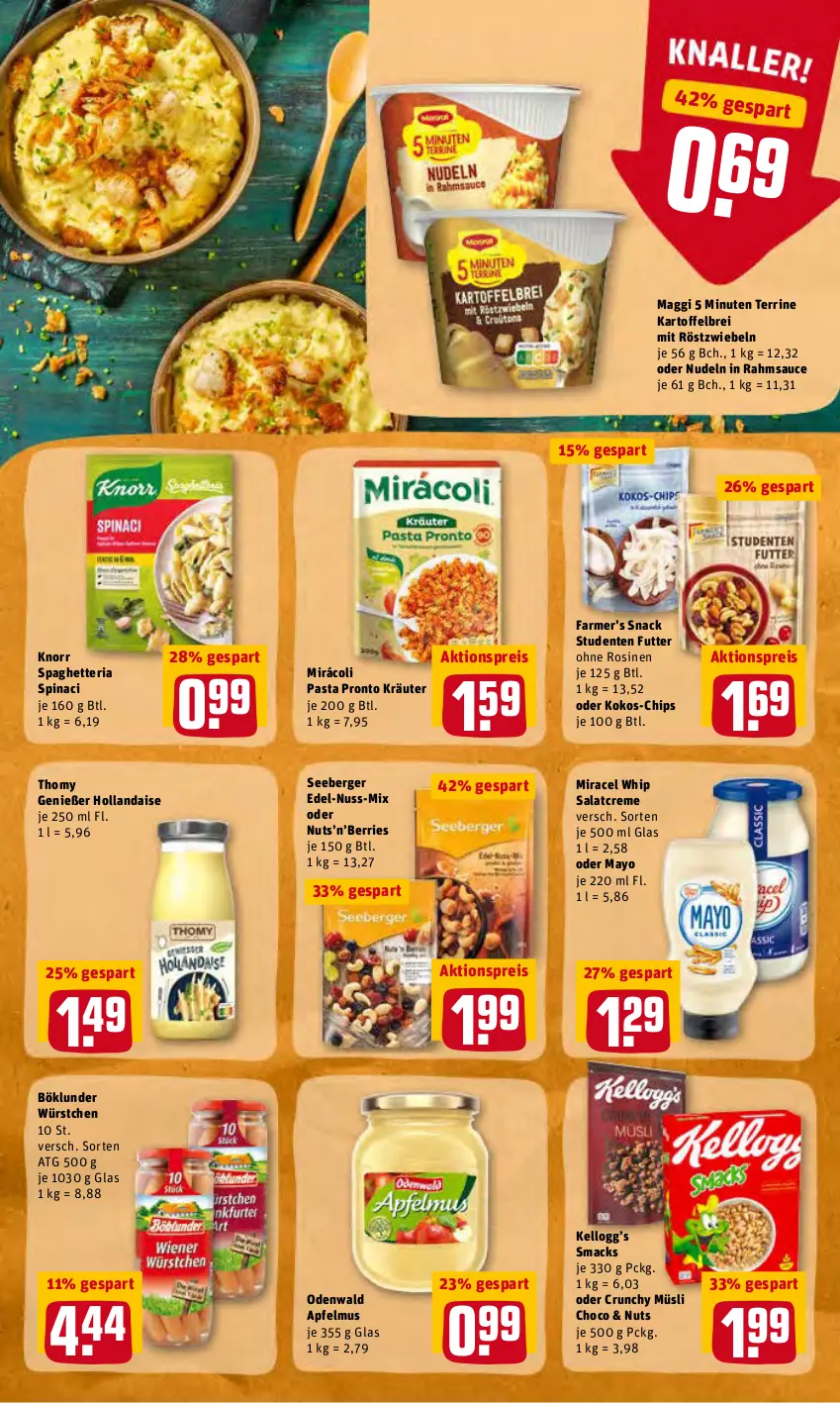 Aktueller Prospekt Rewe - Prospekte - von 09.05 bis 14.05.2022 - strona 22 - produkty: aktionspreis, apfel, apfelmus, Berger, böklunder, Brei, chips, creme, eis, ente, hollandaise, kartoffel, kartoffelbrei, knorr, kokos, kräuter, mac, maggi, miracel, miracel whip, Mirácoli, mit röstzwiebeln, müsli, nudel, nudeln, nuss, odenwald, pasta, Pronto, reis, Ria, röstzwiebeln, salat, salatcreme, sauce, seeberger, Smacks, snack, terrine, thomy, Ti, würstchen, Yo, zwiebel, zwiebeln