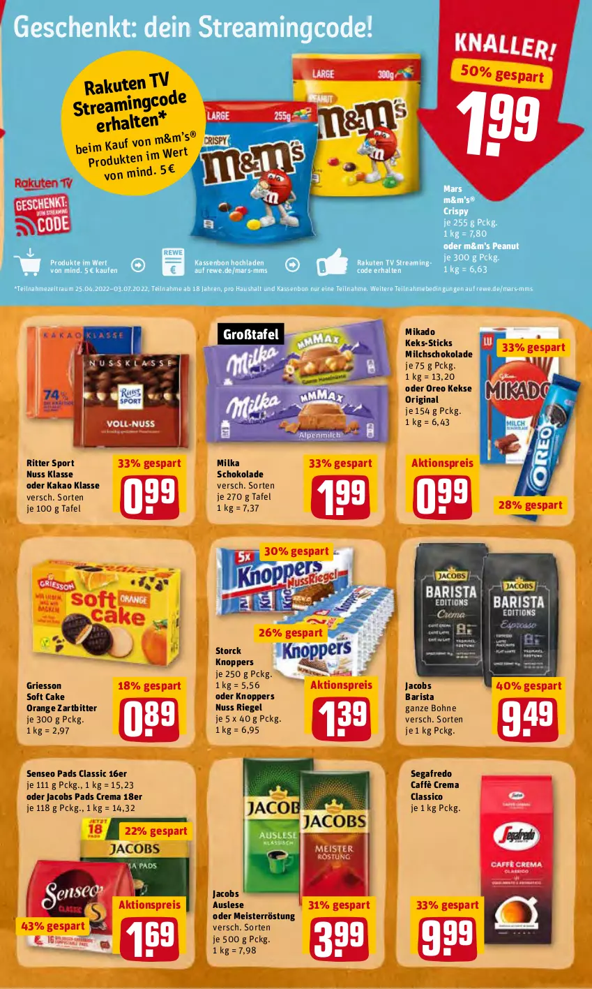 Aktueller Prospekt Rewe - Prospekte - von 09.05 bis 14.05.2022 - strona 23 - produkty: aktionspreis, bohne, caffè crema, classico, eis, gin, griesson, jacobs, kakao, keks, kekse, knoppers, mars, Meister, meisterröstung, mikado, milch, milka, milka schokolade, nuss, oder jacobs, orange, oreo, reis, riegel, ritter, ritter sport, schoko, schokolade, Segafredo, senseo, senseo pads, Sport, storck, Ti