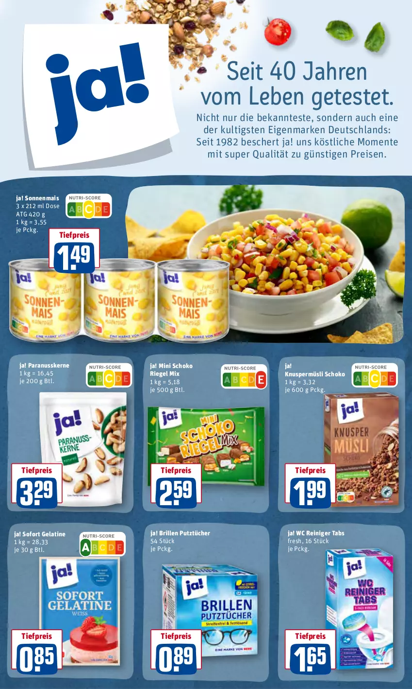 Aktueller Prospekt Rewe - Prospekte - von 09.05 bis 14.05.2022 - strona 24 - produkty: Brille, eis, ente, gelatine, Knuspermüsli, mais, müsli, nuss, Paranusskerne, reiniger, reis, riegel, schoko, Ti, tiefpreis, tücher