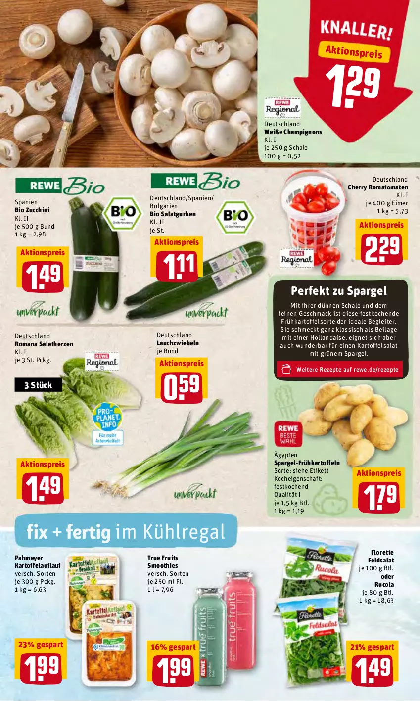 Aktueller Prospekt Rewe - Prospekte - von 09.05 bis 14.05.2022 - strona 3 - produkty: aktionspreis, bio, champignon, champignons, cola, eimer, eis, feldsalat, florette, Frühkartoffeln, gurke, gurken, hollandaise, ilag, kartoffel, kartoffeln, kartoffelsalat, kühlregal, Lauchzwiebel, lauchzwiebeln, LG, mac, regal, reis, rezept, rezepte, Romatomaten, rucola, salat, Salatgurke, salatgurken, salatherzen, Schal, Schale, smoothie, smoothies, spargel, Ti, tomate, tomaten, true fruits, zucchini, zwiebel, zwiebeln