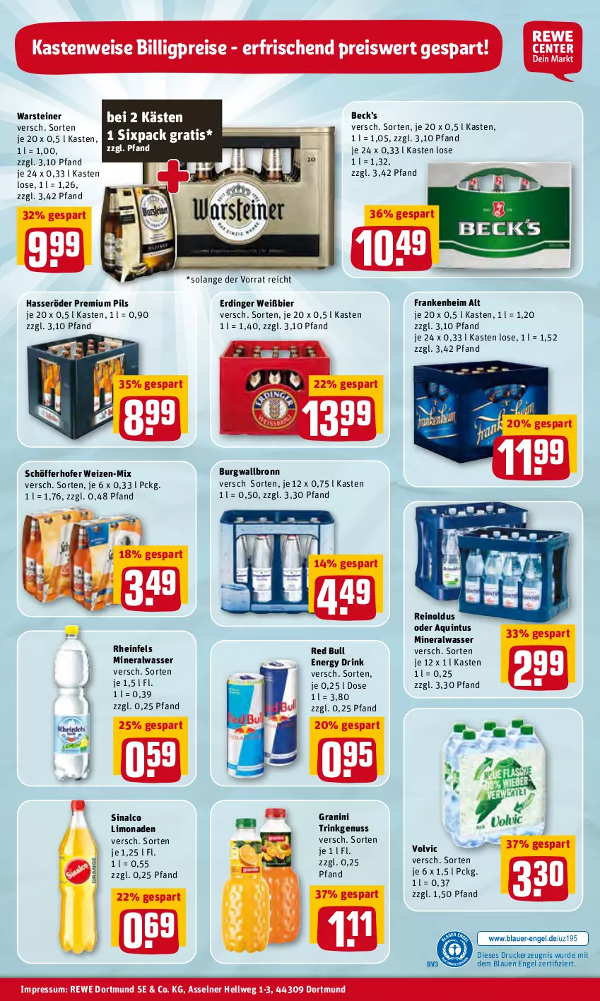 Aktueller Prospekt Rewe - Prospekte - von 09.05 bis 14.05.2022 - strona 32 - produkty: Alwa, bier, burgwallbronn, drink, drucker, eis, energy drink, Engel, erdinger, granini, hasseröder, kerze, limo, limonade, limonaden, mineralwasser, nuss, pils, premium pils, red bull, reis, schöfferhofer, sinalco, steiner, Ti, volvic, warsteiner, wasser