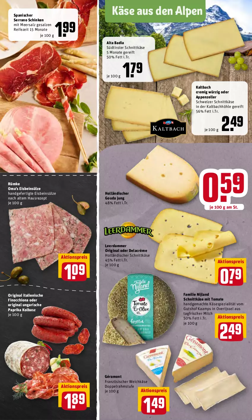 Aktueller Prospekt Rewe - Prospekte - von 09.05 bis 14.05.2022 - strona 7 - produkty: aktionspreis, appenzeller, Bad, doppelrahmstufe, eis, elle, französischer weichkäse, géramont, gin, gouda, gouda jung, holländischer schnittkäse, Käse, leerdammer, mac, meersalz, milch, paprika, reis, rezept, salz, schinken, schnittkäse, schweizer schnittkäse, serrano, serrano schinken, Spezi, südtiroler, Ti, tomate, weichkäse