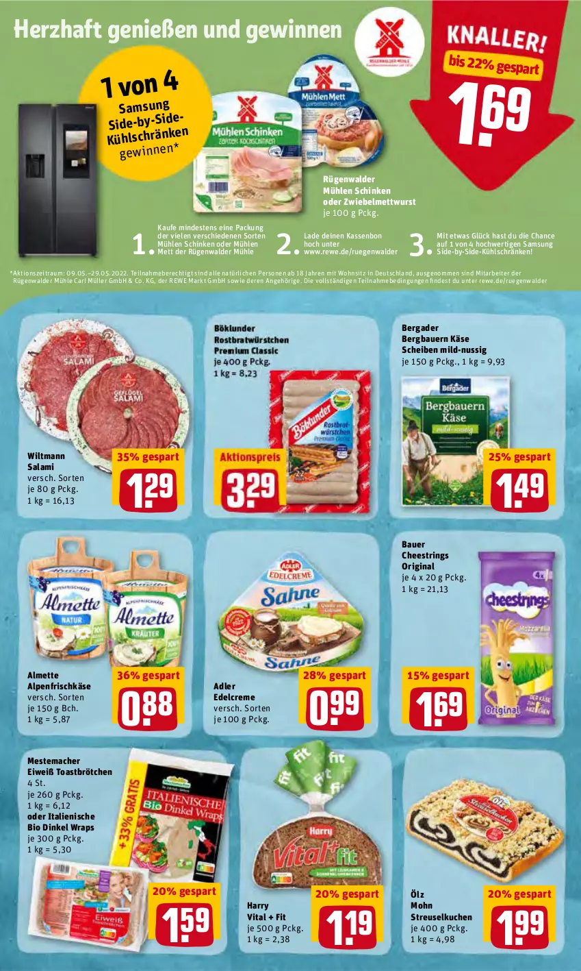 Aktueller Prospekt Rewe - Prospekte - von 09.05 bis 14.05.2022 - strona 8 - produkty: almette, alpenfrischkäse, auer, Bau, Bauer, bergader, bio, brötchen, creme, edelcreme, frischkäse, gin, Käse, kuchen, mac, mestemacher, Mett, mettwurst, mühlen schinken, Müller, nuss, ring, rügenwalder, rügenwalder mühle, salami, Samsung, schinken, Streuselkuchen, String, Ti, toast, vita, wiltmann, wrap, wraps, wurst, zwiebel, zwiebelmettwurst