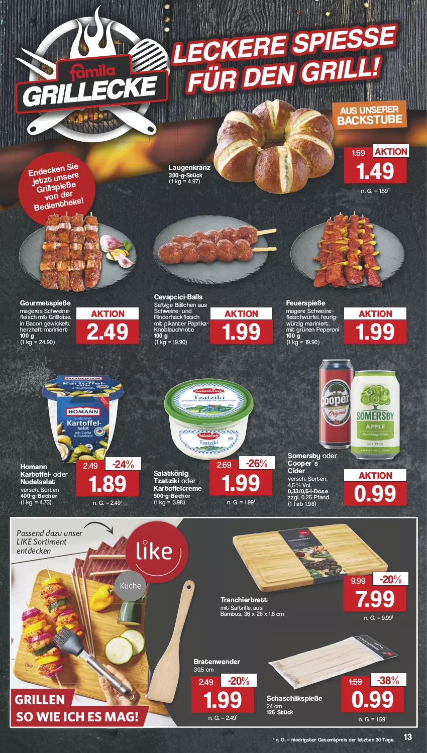 Aktueller Prospekt Famila - Prospekte - von 19.08 bis 24.08.2024 - strona 13 - produkty: bacon, ball, bambus, Becher, braten, cevapcici, cider, creme, decke, eis, fleisch, grill, Grillkäse, hackfleisch, homann, kartoffel, Käse, knoblauch, Kranz, nudel, nudelsalat, paprika, peperoni, Peroni, reis, rind, rinder, rinderhackfleisch, saft, salat, schwein, schweine, schweinefleisch, somersby, stube, Ti, Tranchierbrett, tzatziki, wein, weine, WICK, würfel, ZTE