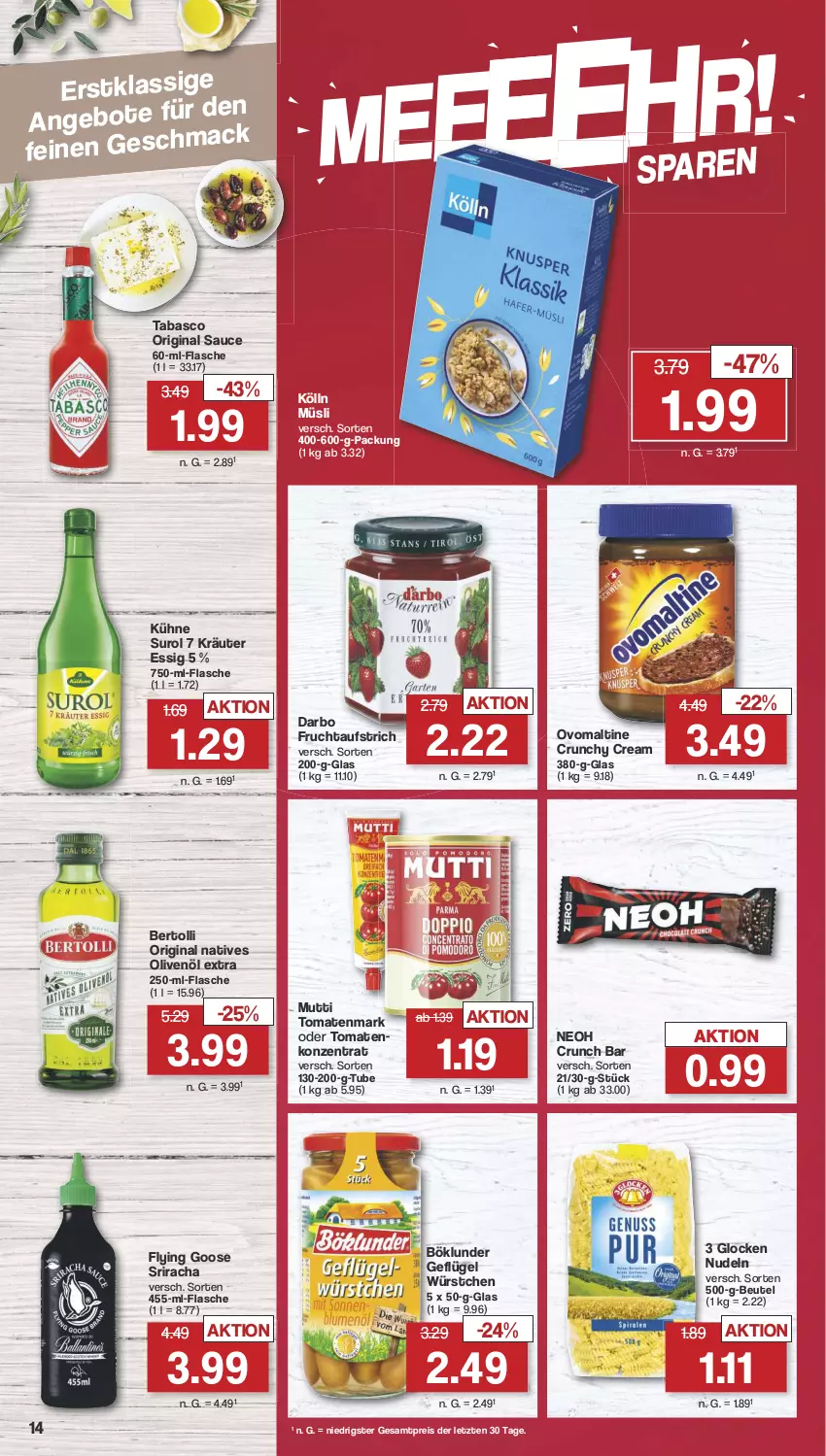 Aktueller Prospekt Famila - Prospekte - von 19.08 bis 24.08.2024 - strona 14 - produkty: angebot, angebote, aufstrich, bertolli, beutel, böklunder, darbo, eis, essig, flasche, frucht, fruchtaufstrich, Geflügel, gin, kölln, kräuter, Kräuter Essig, Kühne, müsli, Mutti, natives olivenöl, nudel, nudeln, olive, oliven, olivenöl, olivenöl extra, ovomaltine, reis, sauce, Sriracha, tabasco, Ti, tomate, tomaten, tomatenmark, würstchen, ZTE