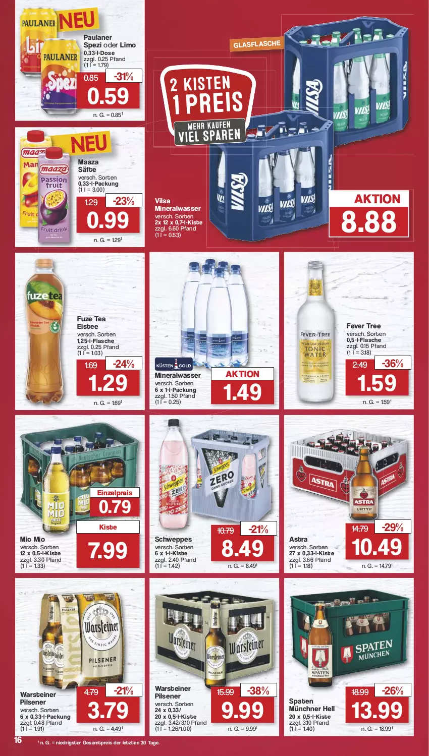 Aktueller Prospekt Famila - Prospekte - von 19.08 bis 24.08.2024 - strona 16 - produkty: Alwa, Astra, eis, eistee, flasche, fuze tea, glasflasche, limo, mineralwasser, Mio Mio, Paula, paulaner, pils, pilsener, reis, säfte, schweppes, Spaten, Spezi, steiner, tee, Ti, vilsa, warsteiner, wasser, ZTE