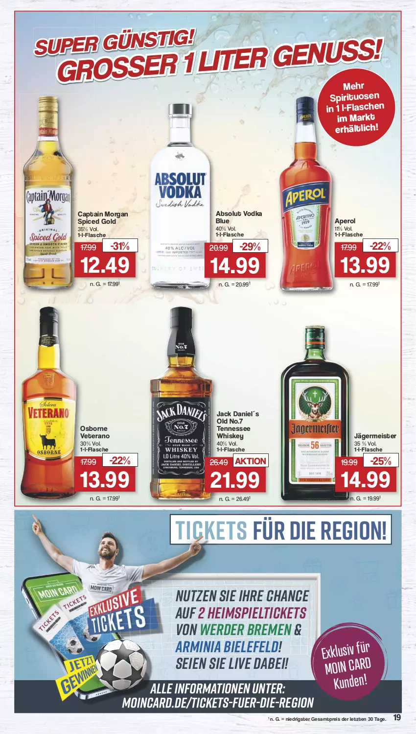 Aktueller Prospekt Famila - Prospekte - von 19.08 bis 24.08.2024 - strona 19 - produkty: Absolut Vodka, aperol, Cap, captain morgan, eis, erde, flasche, Germ, jack daniel, jägermeister, Meister, osborne, reis, spirituosen, tennessee whiskey, Ti, veterano, vodka, whiskey, ZTE