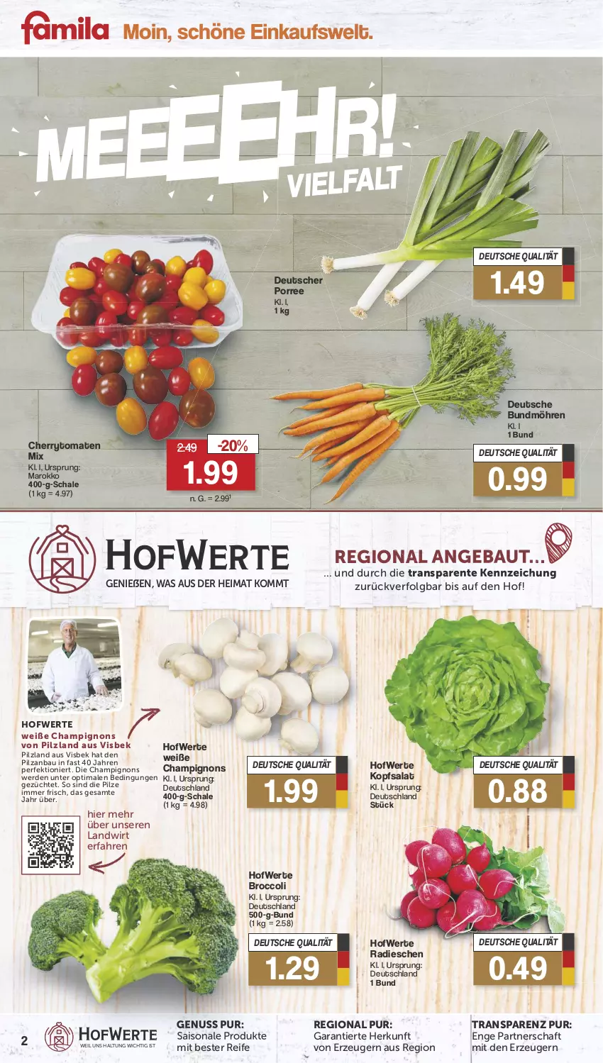 Aktueller Prospekt Famila - Prospekte - von 19.08 bis 24.08.2024 - strona 2 - produkty: Bau, broccoli, Bundmöhren, champignon, champignons, cherrytomaten, ente, erde, kopfsalat, LG, möhren, nuss, pilze, radieschen, salat, Schal, Schale, tee, Ti, tomate, tomaten