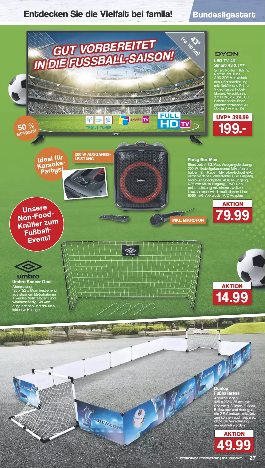 Aktueller Prospekt Famila - Prospekte - von 19.08 bis 24.08.2024 - strona 27 - produkty: adapter, akku, ball, decke, deo, dunlop, eis, elle, erde, fernbedienung, Fußball, Fußballtore, HbbTV, HDMI, hering, lautsprecher, led tv, LG, netflix, reis, ring, rwe, Schal, teller, Ti, Umbro, usb, Yo